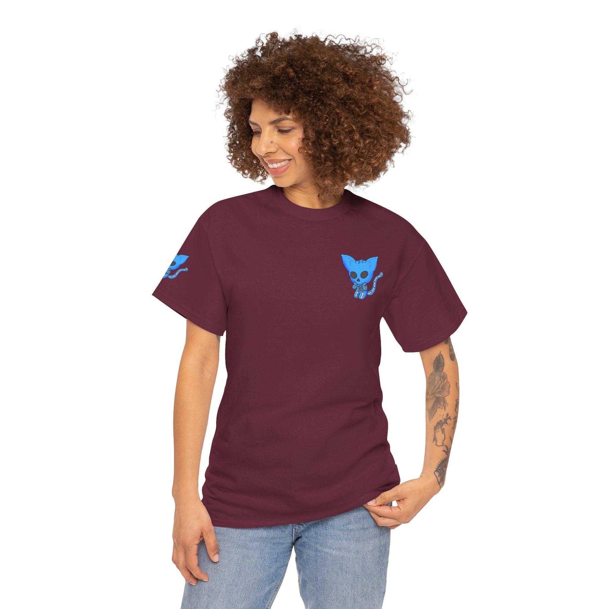 Blue Skeleton Cat Graphic Tee - Cute Creepy Kitty Shirt - 100% Cotton