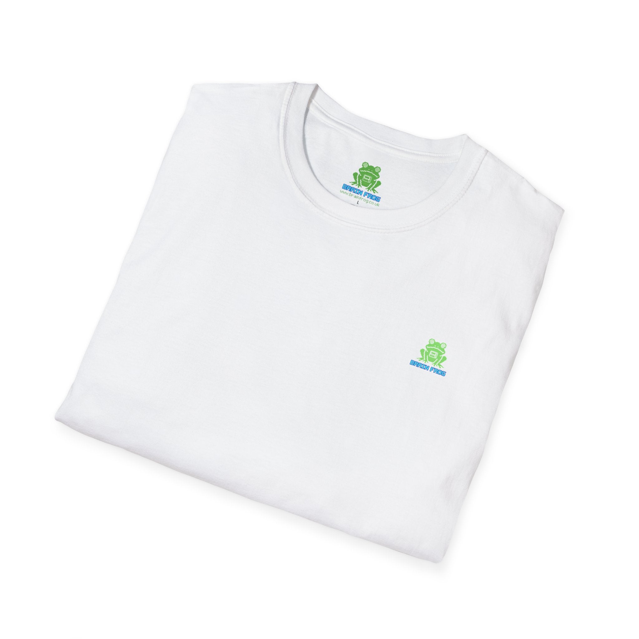 Brain Frog Design Signature T-Shirt - Small Green Brain Frog Logo Tee (Front Chest & Sleeve) - 100% Cotton / Cotton Blend