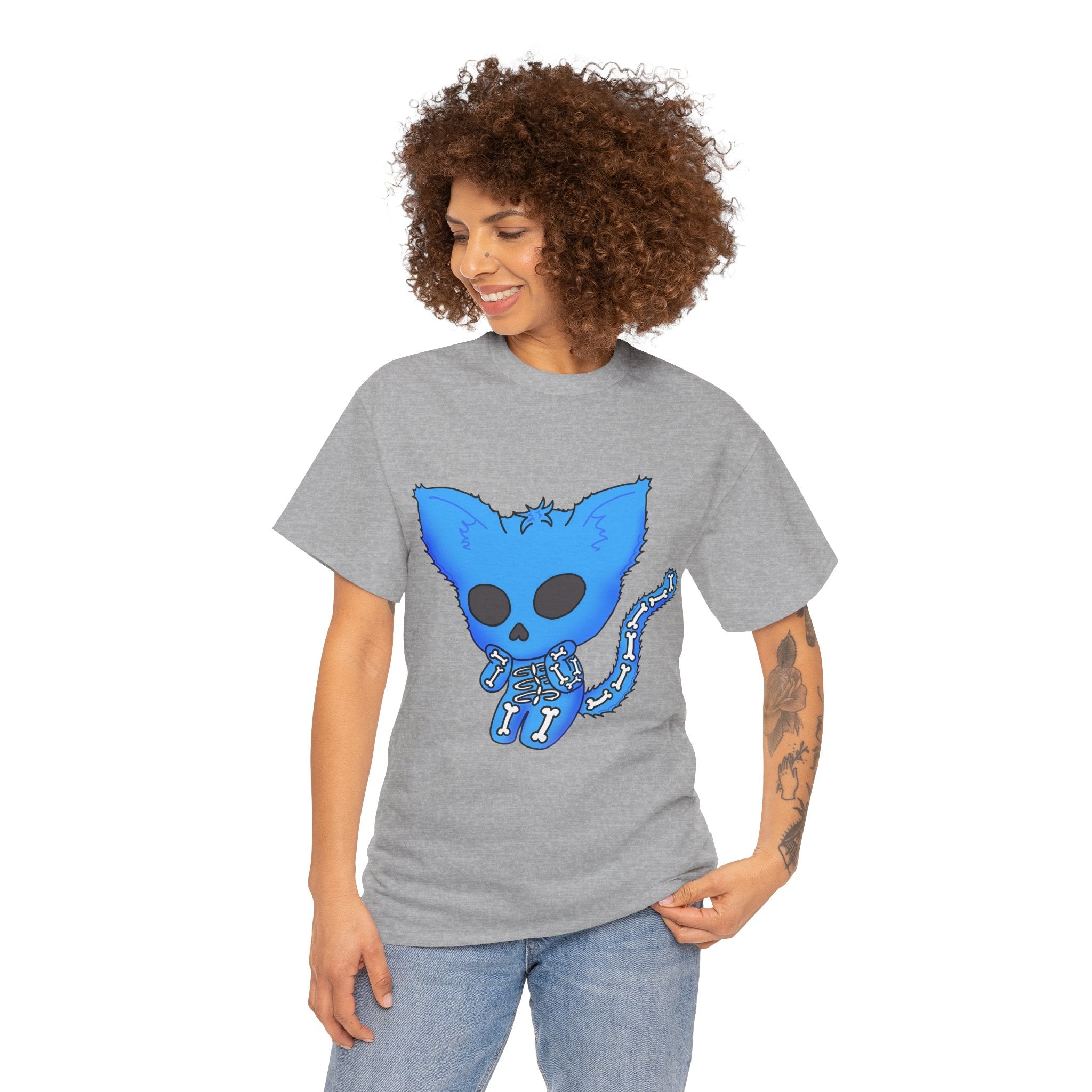 Blue Skeleton Cat Graphic Tee - Cute Creepy Kitty Shirt - 100% Cotton