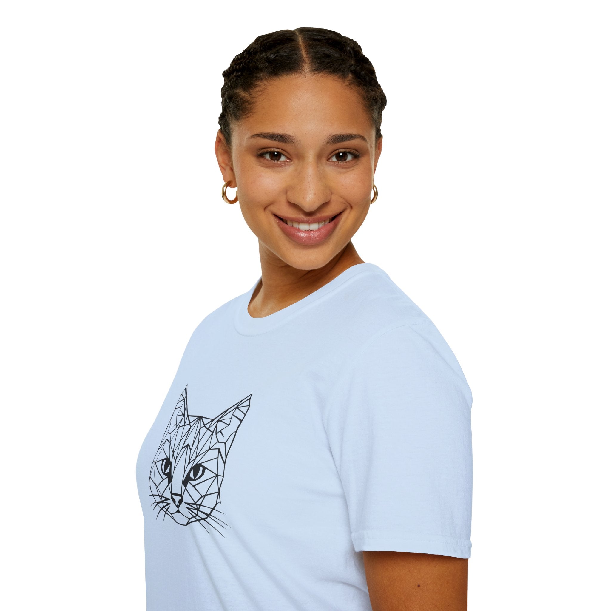 Geometric Cat T-Shirt - Minimal Line Art Cat Face Tee - 100% Cotton