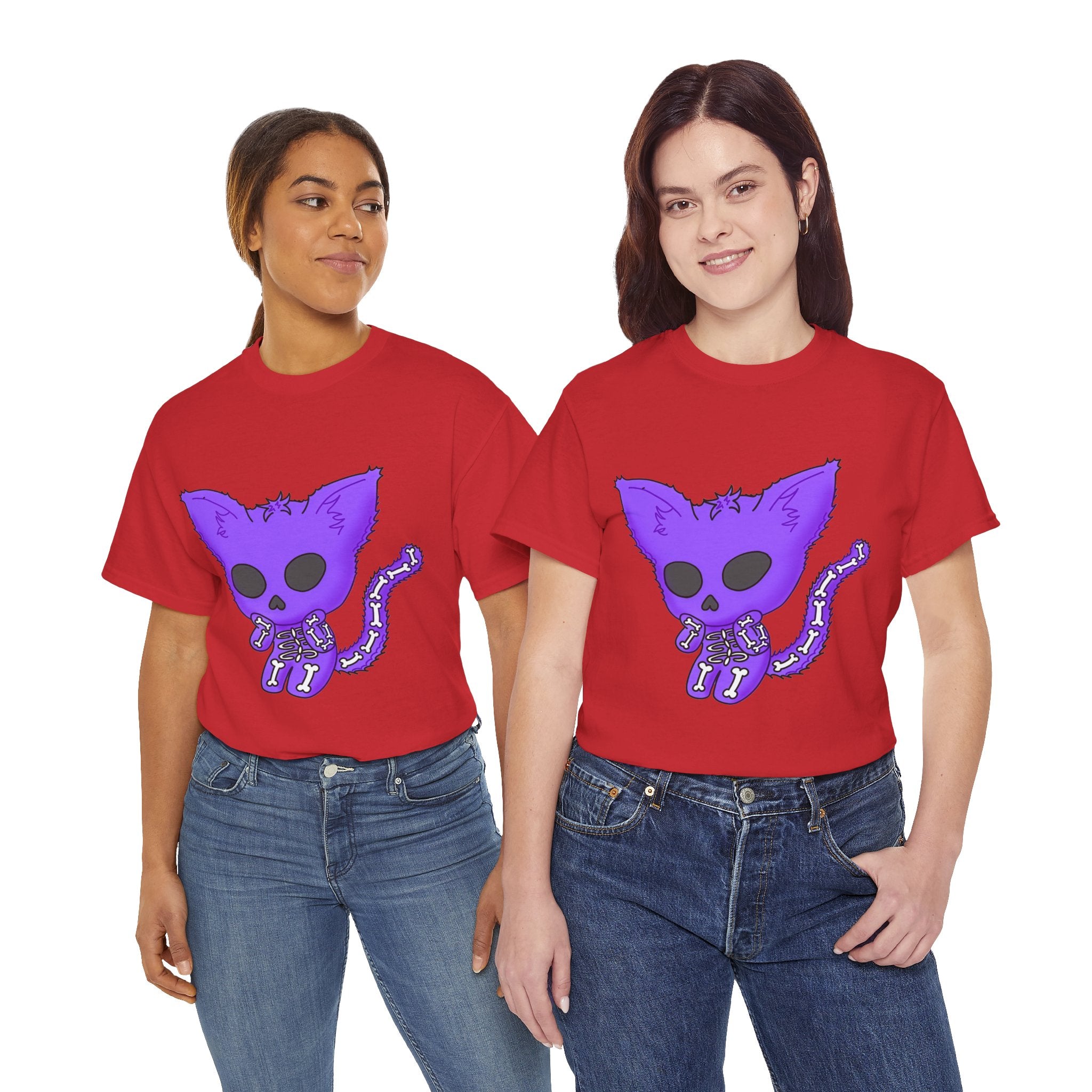 Purple Skeleton Cat Graphic Tee - Cute Creepy Kitty Shirt - 100% Cotton