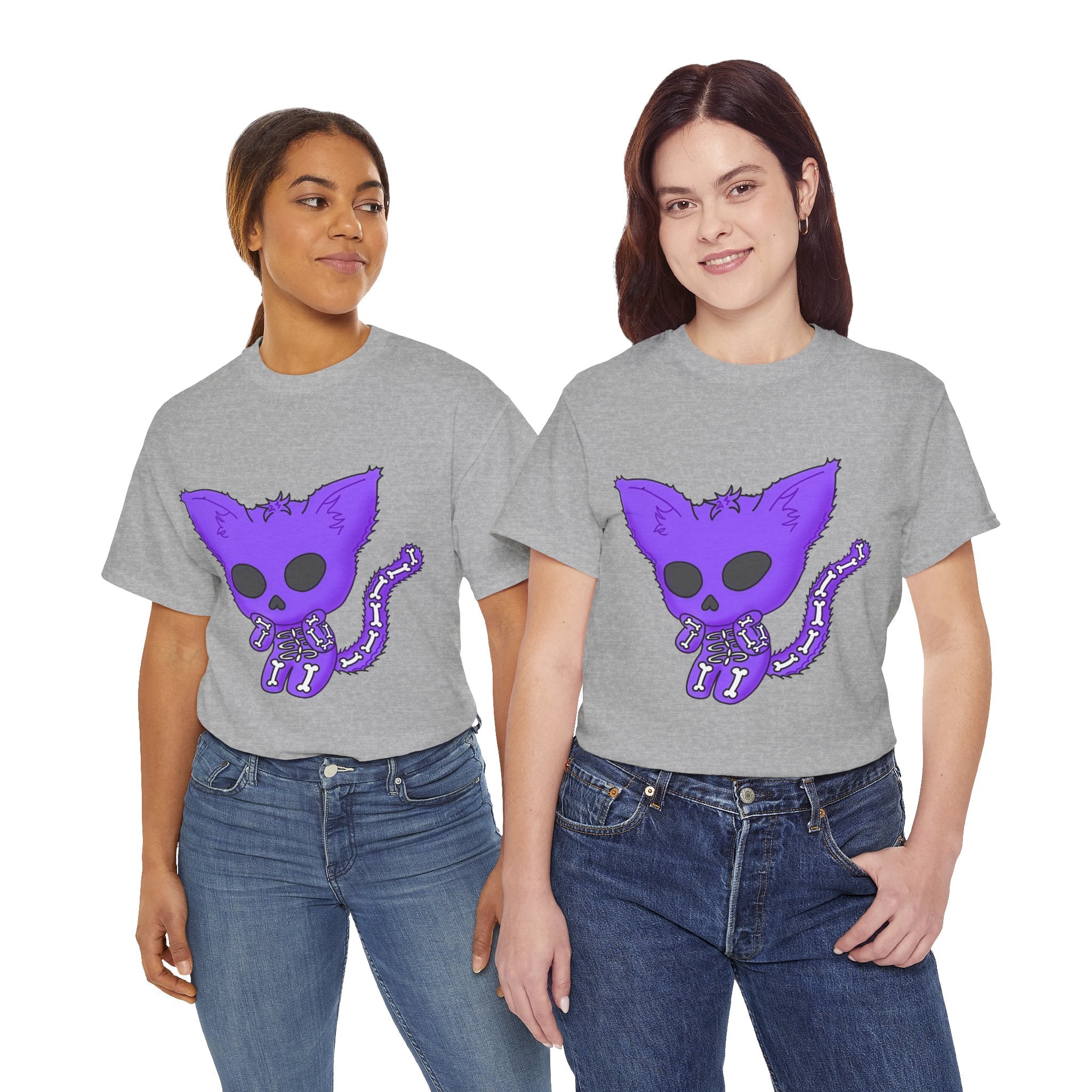 Purple Skeleton Cat Graphic Tee - Cute Creepy Kitty Shirt - 100% Cotton