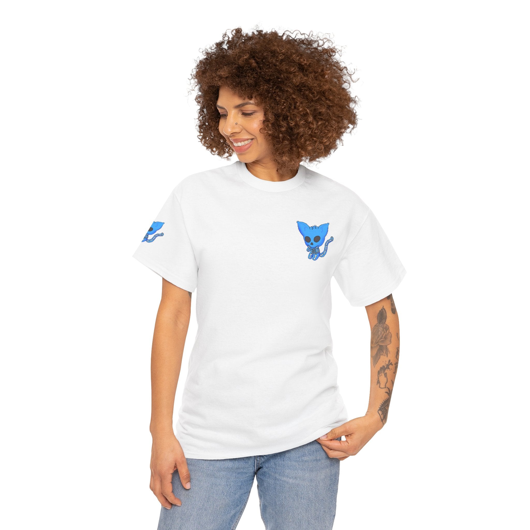 Blue Skeleton Cat Graphic Tee - Cute Creepy Kitty Shirt - 100% Cotton