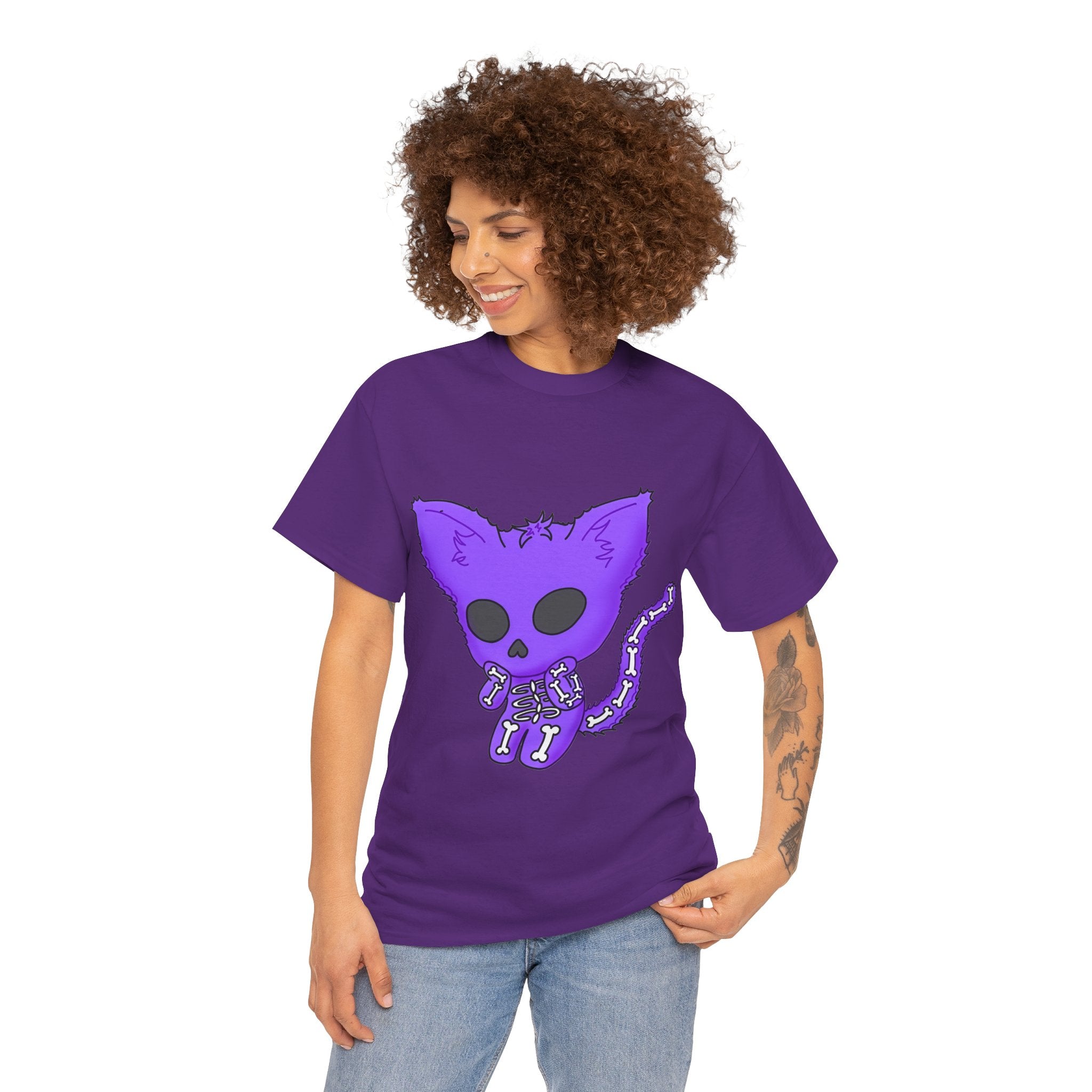 Purple Skeleton Cat Graphic Tee - Cute Creepy Kitty Shirt - 100% Cotton