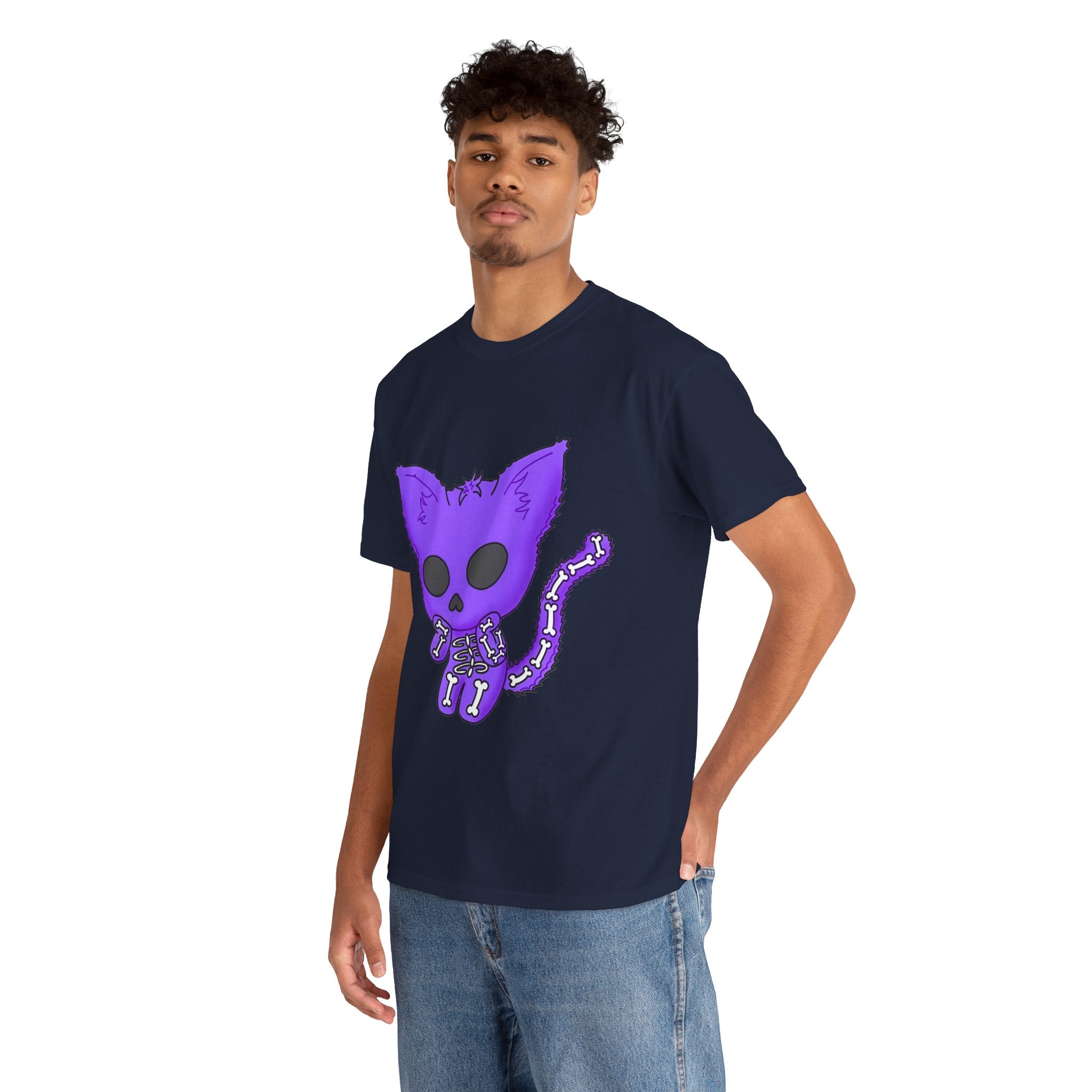 Purple Skeleton Cat Graphic Tee - Cute Creepy Kitty Shirt - 100% Cotton