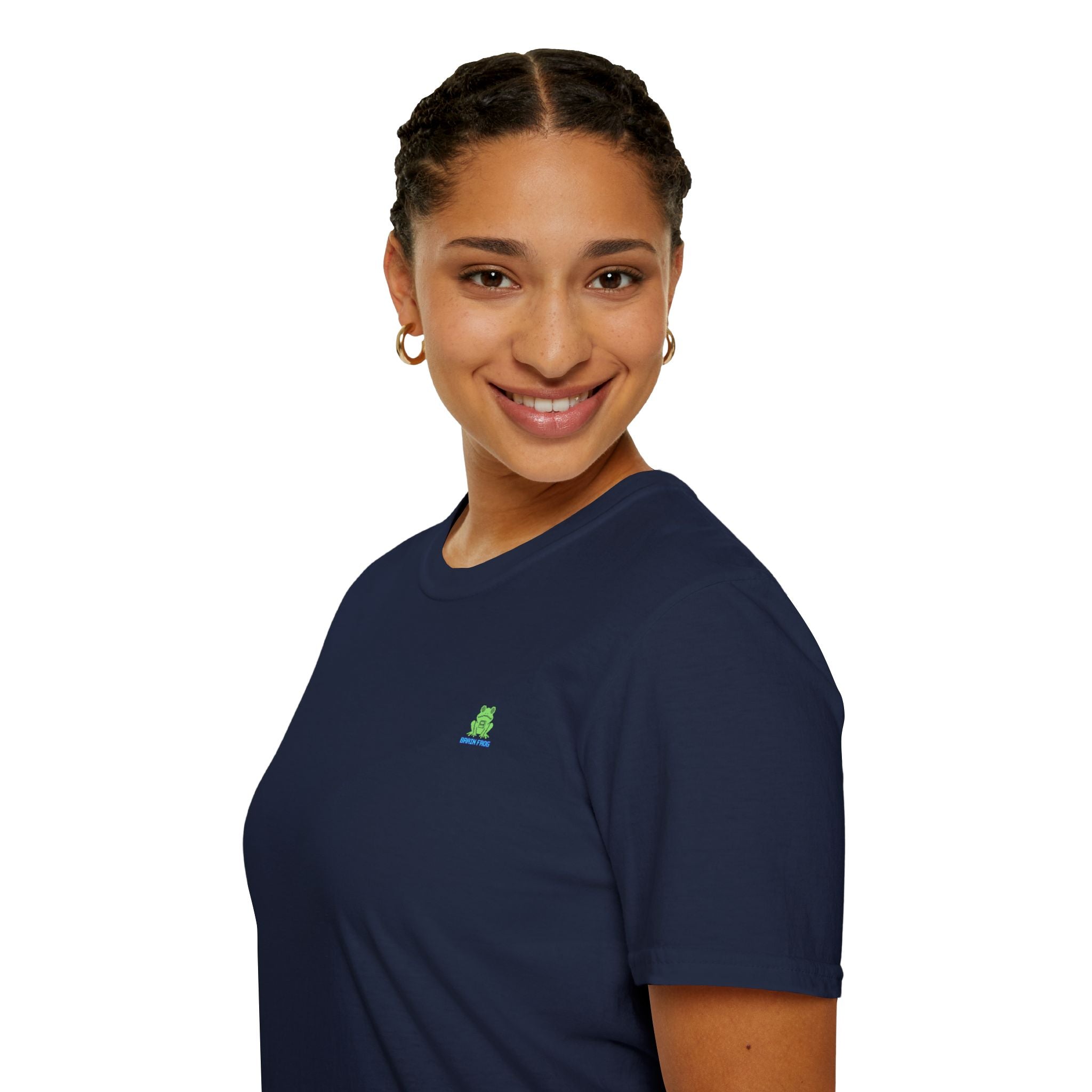 Brain Frog Design Signature T-Shirt - Small Green Brain Frog Logo Tee (Front Chest & Sleeve) - 100% Cotton