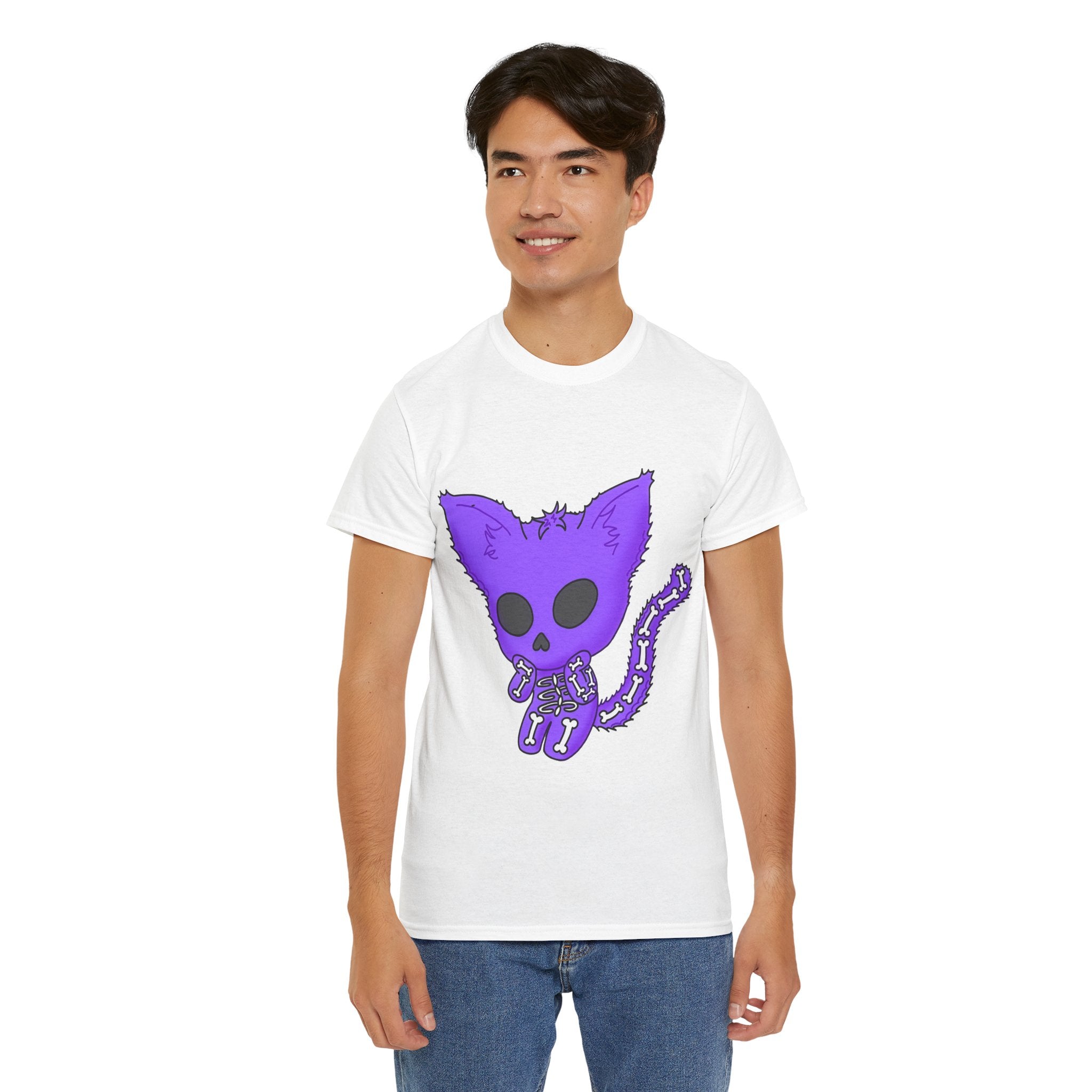 Purple Skeleton Cat Graphic Tee - Cute Creepy Kitty Shirt - 100% Cotton