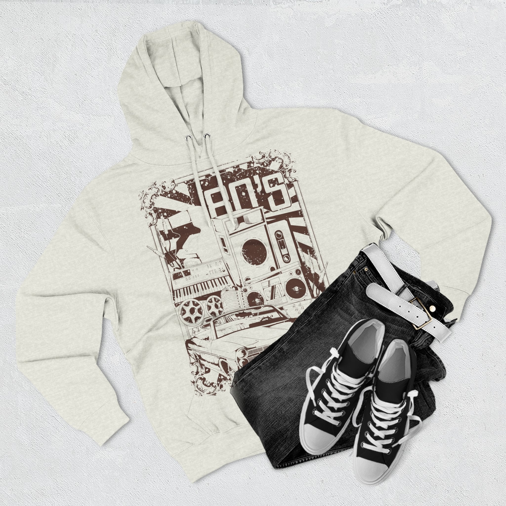 Vintage Car & Stereo Graphic Hoodie - Retro Automotive Streetwear - 100% Cotton / Cotton Blend