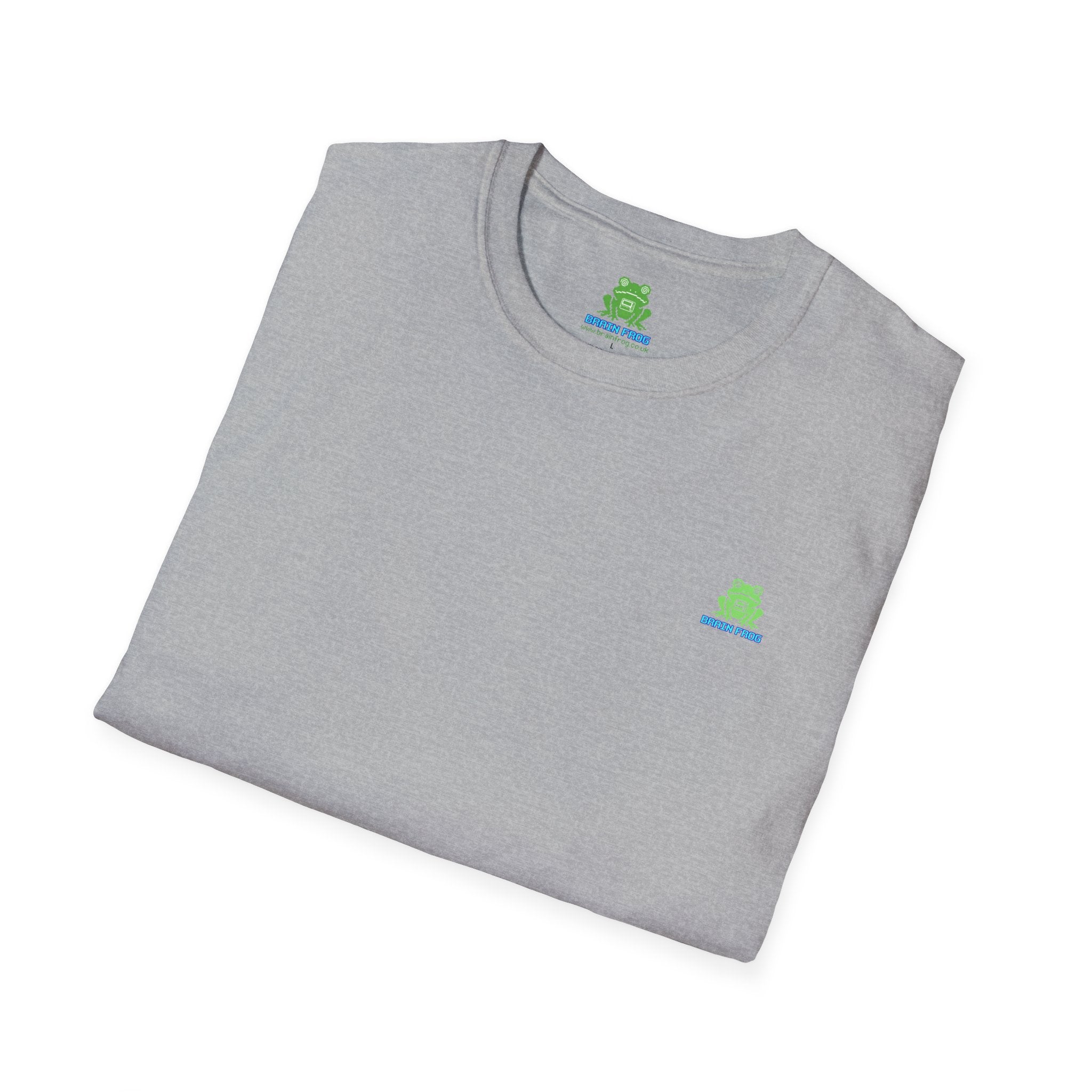 Brain Frog Design Signature T-Shirt - Small Green Brain Frog Logo Tee (Front Chest & Sleeve) - 100% Cotton / Cotton Blend