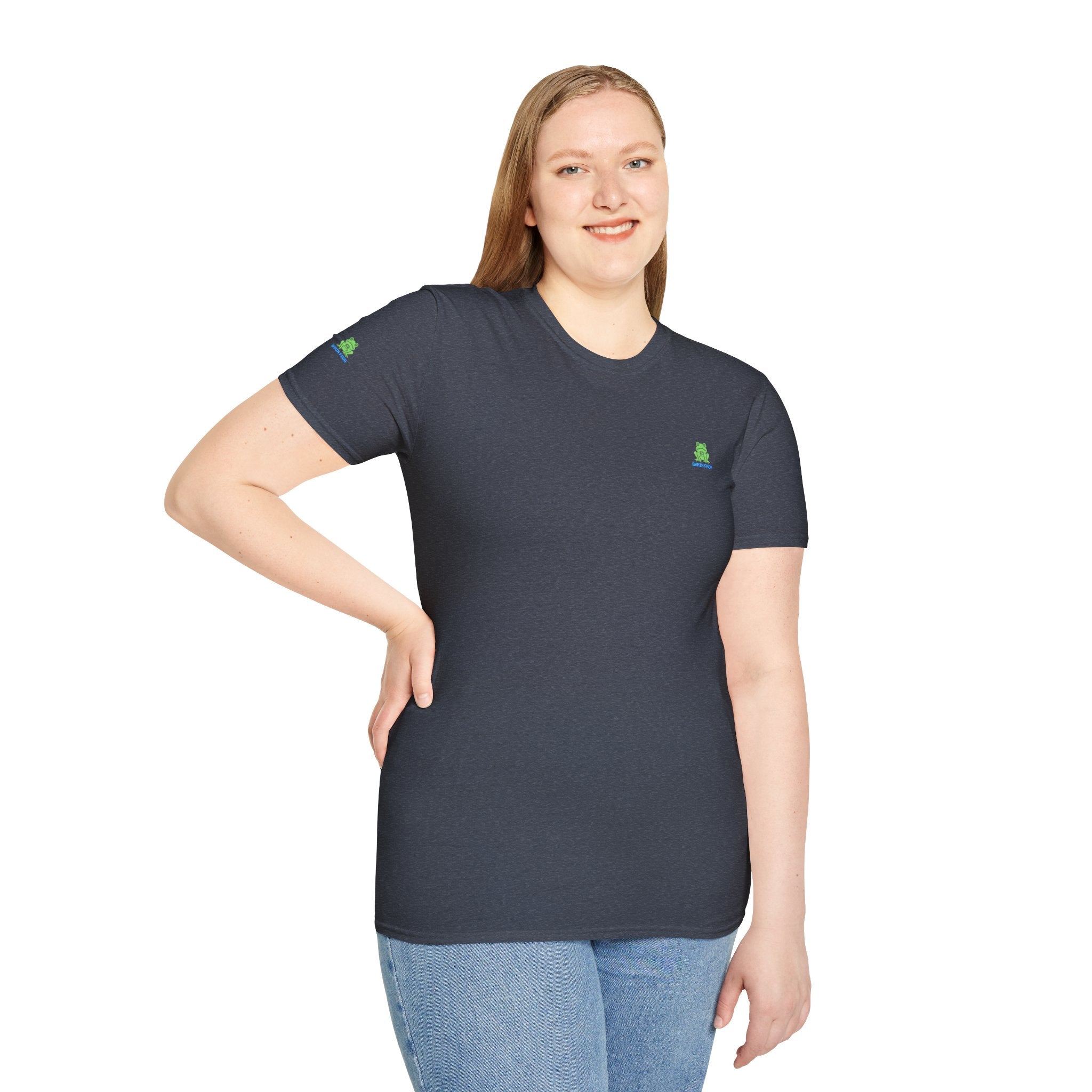 Brain Frog Design Signature T-Shirt - Small Green Brain Frog Logo Tee (Front Chest & Sleeve) - 100% Cotton / Cotton Blend
