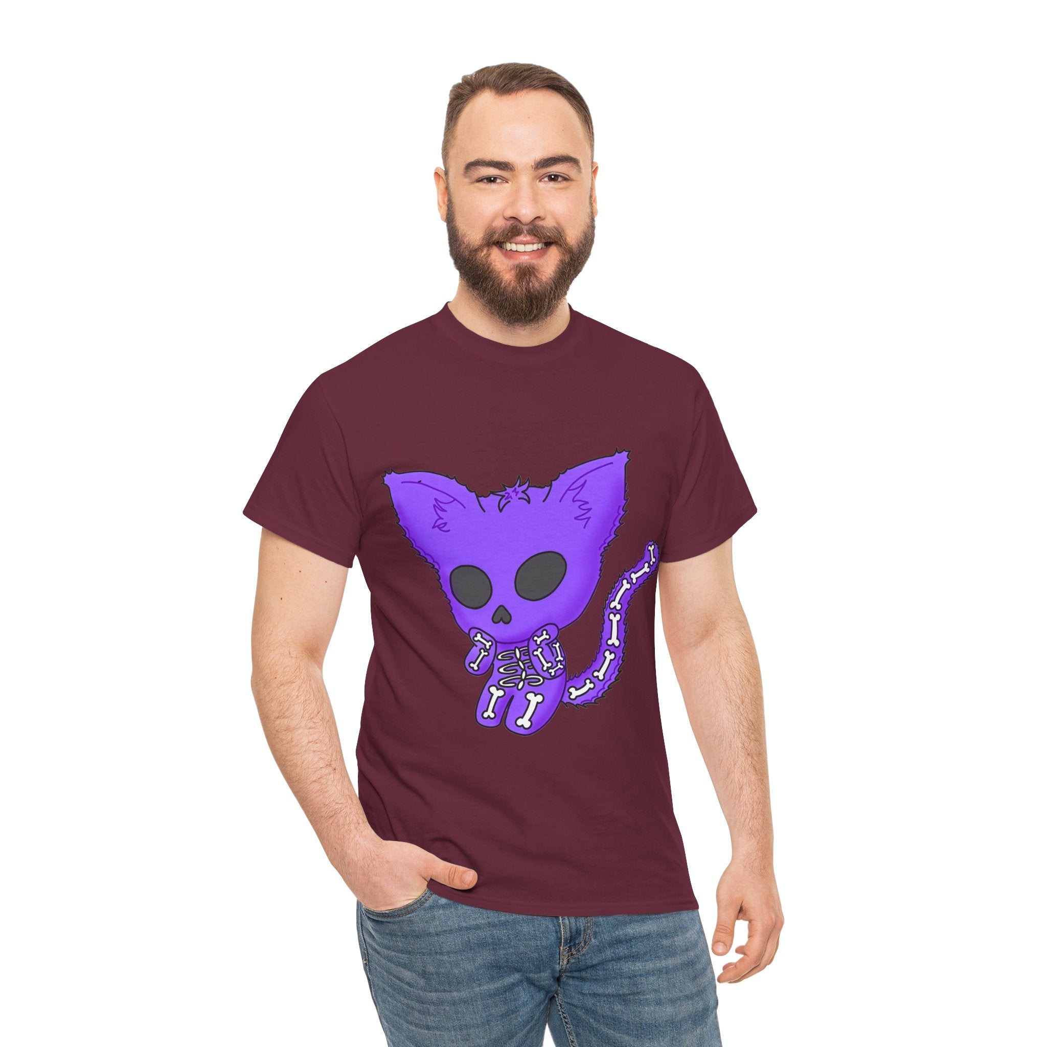 Purple Skeleton Cat Graphic Tee - Cute Creepy Kitty Shirt - 100% Cotton