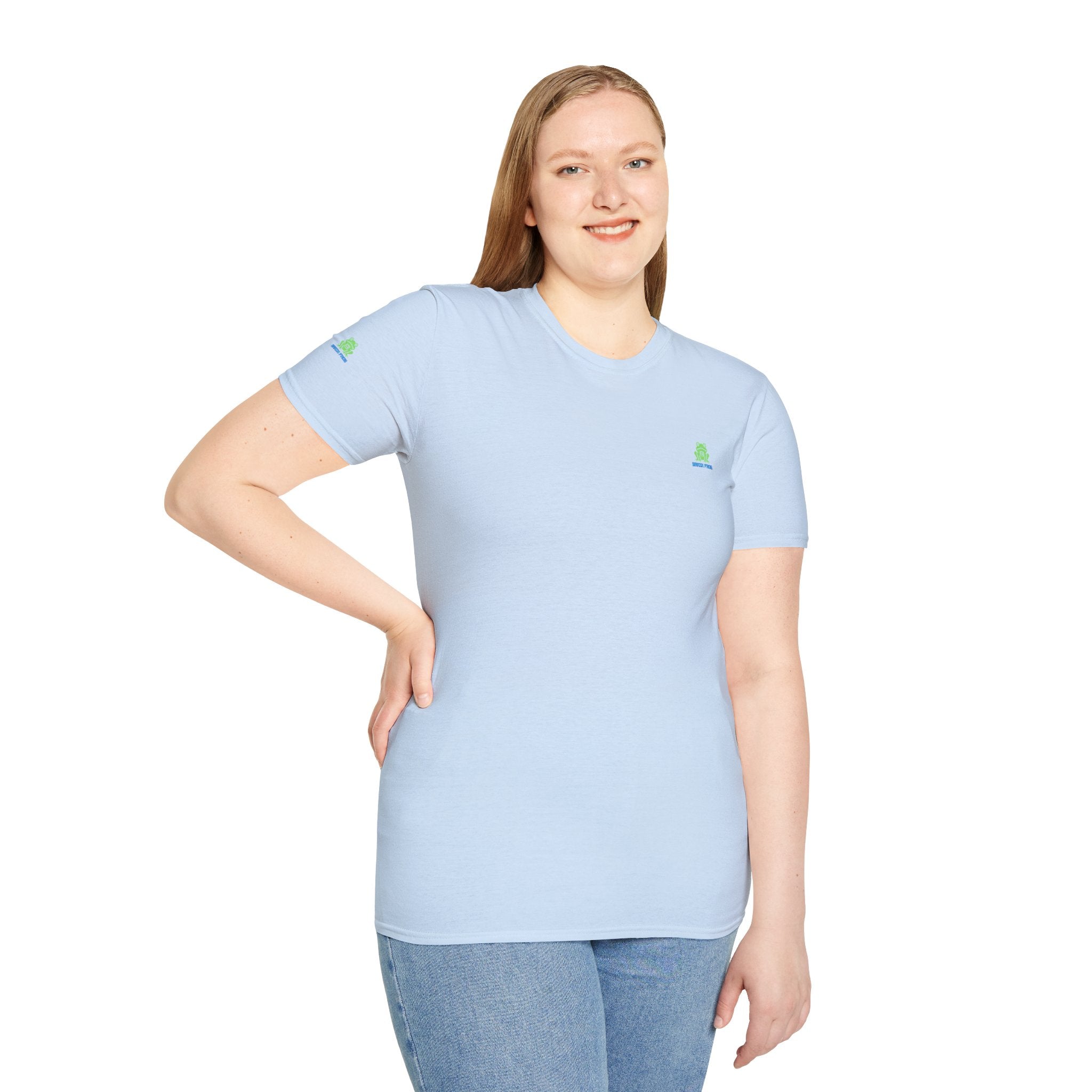 Brain Frog Design Signature T-Shirt - Small Green Brain Frog Logo Tee (Front Chest & Sleeve) - 100% Cotton / Cotton Blend