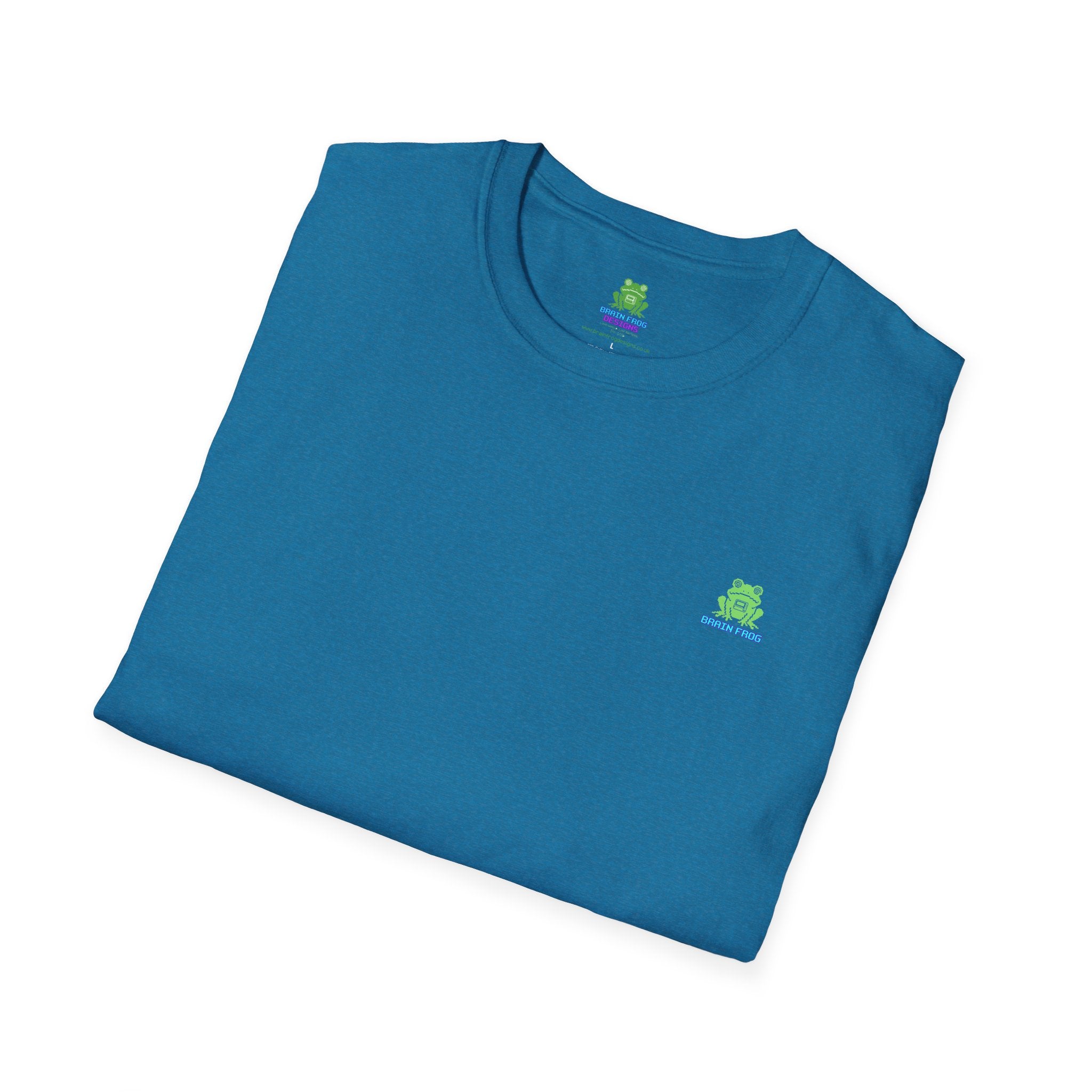 Brain Frog Design Signature T-Shirt - Small Green Brain Frog Logo Tee (Front Chest & Sleeve) - 100% Cotton / Cotton Blend