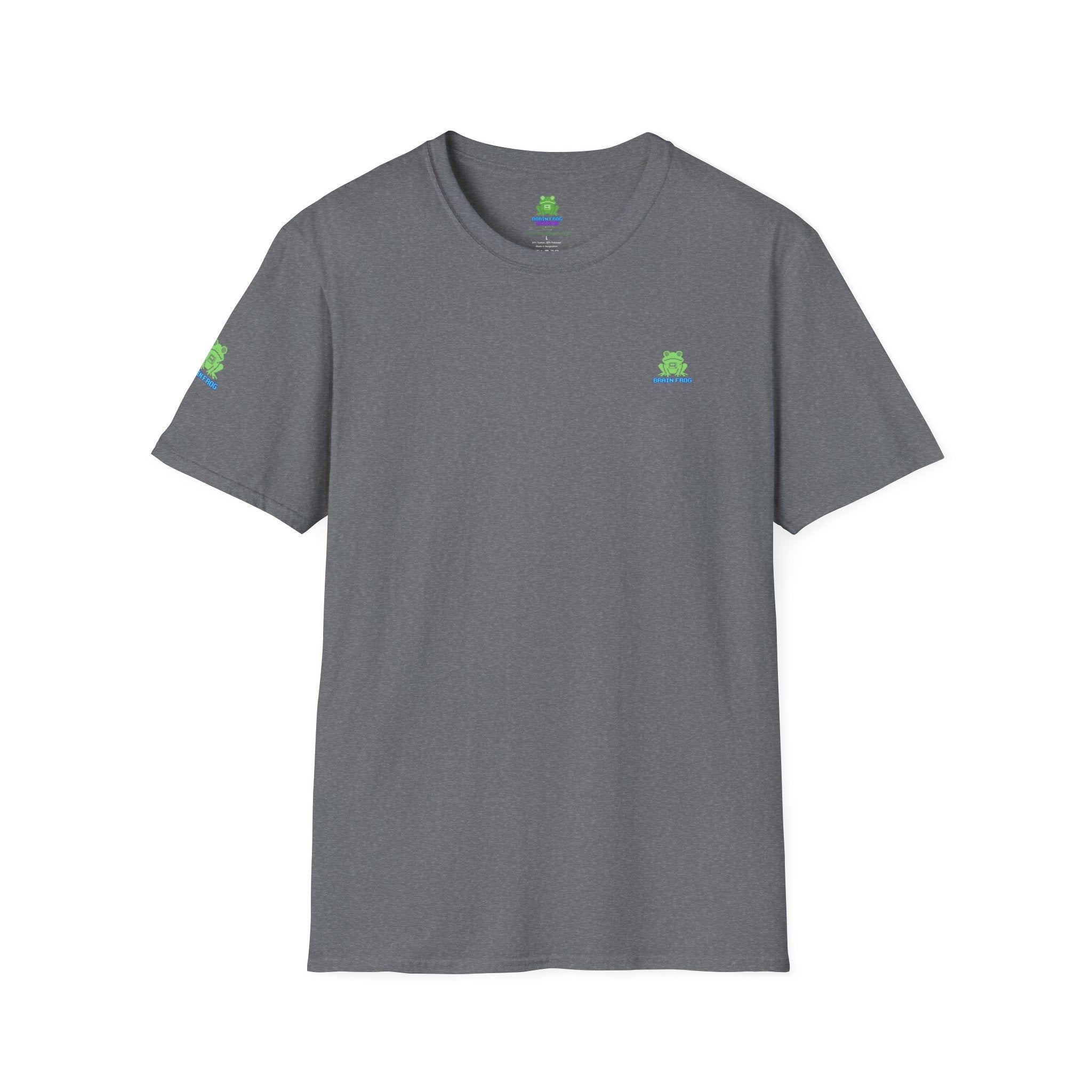 Brain Frog Design Signature T-Shirt - Small Green Brain Frog Logo Tee (Front Chest & Sleeve) - 100% Cotton / Cotton Blend