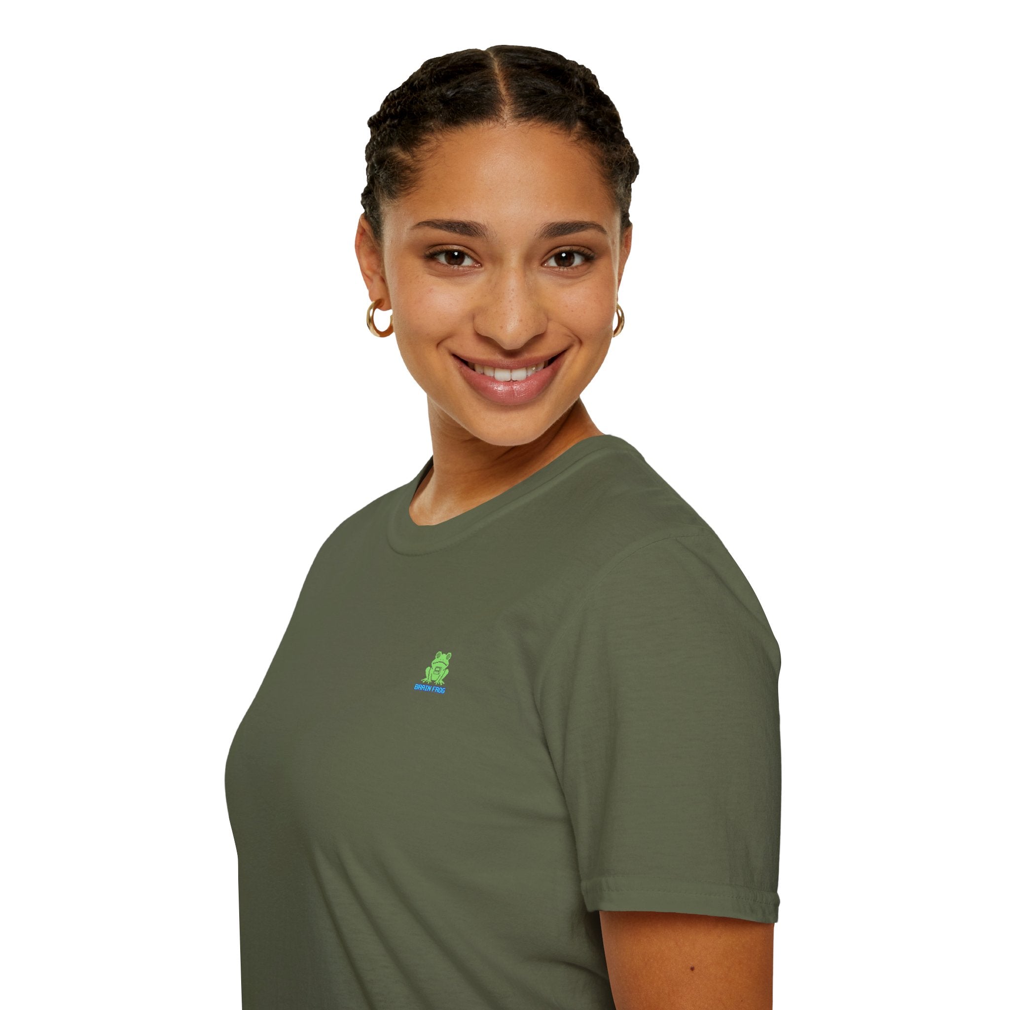 Brain Frog Design Signature T-Shirt - Small Green Brain Frog Logo Tee (Front Chest & Sleeve) - 100% Cotton / Cotton Blend