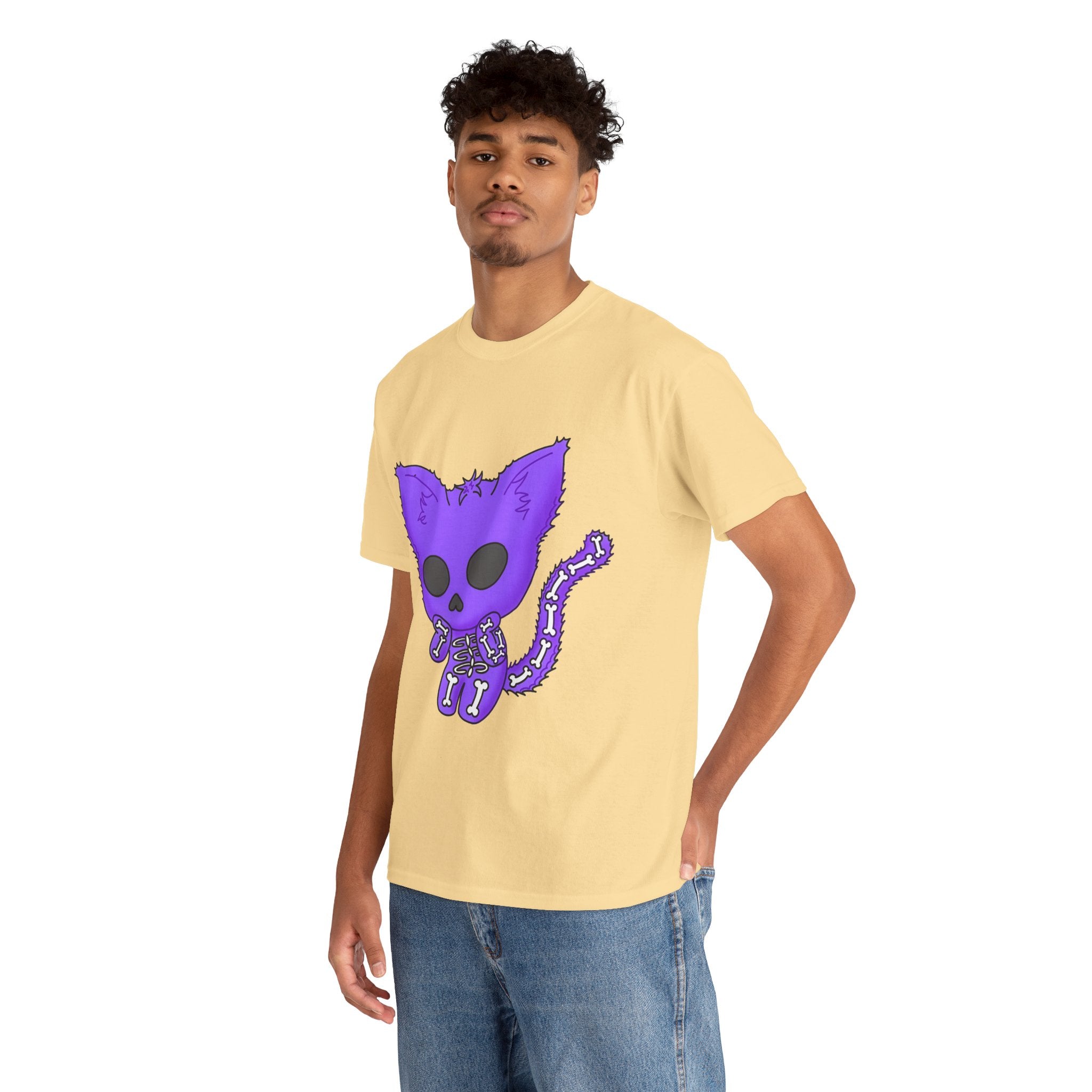 Purple Skeleton Cat Graphic Tee - Cute Creepy Kitty Shirt - 100% Cotton