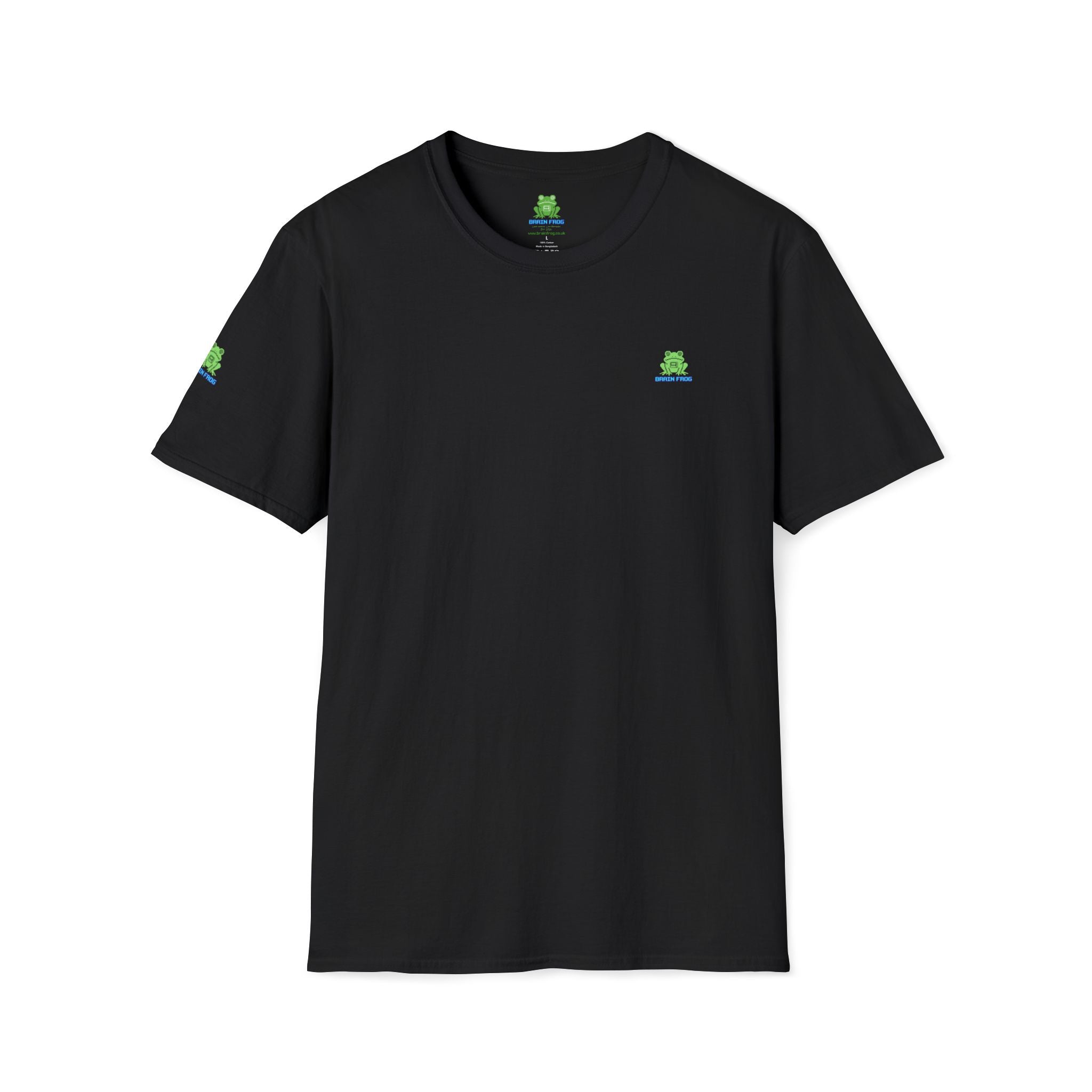 Brain Frog Design Signature T-Shirt - Small Green Brain Frog Logo Tee (Front Chest & Sleeve) - 100% Cotton