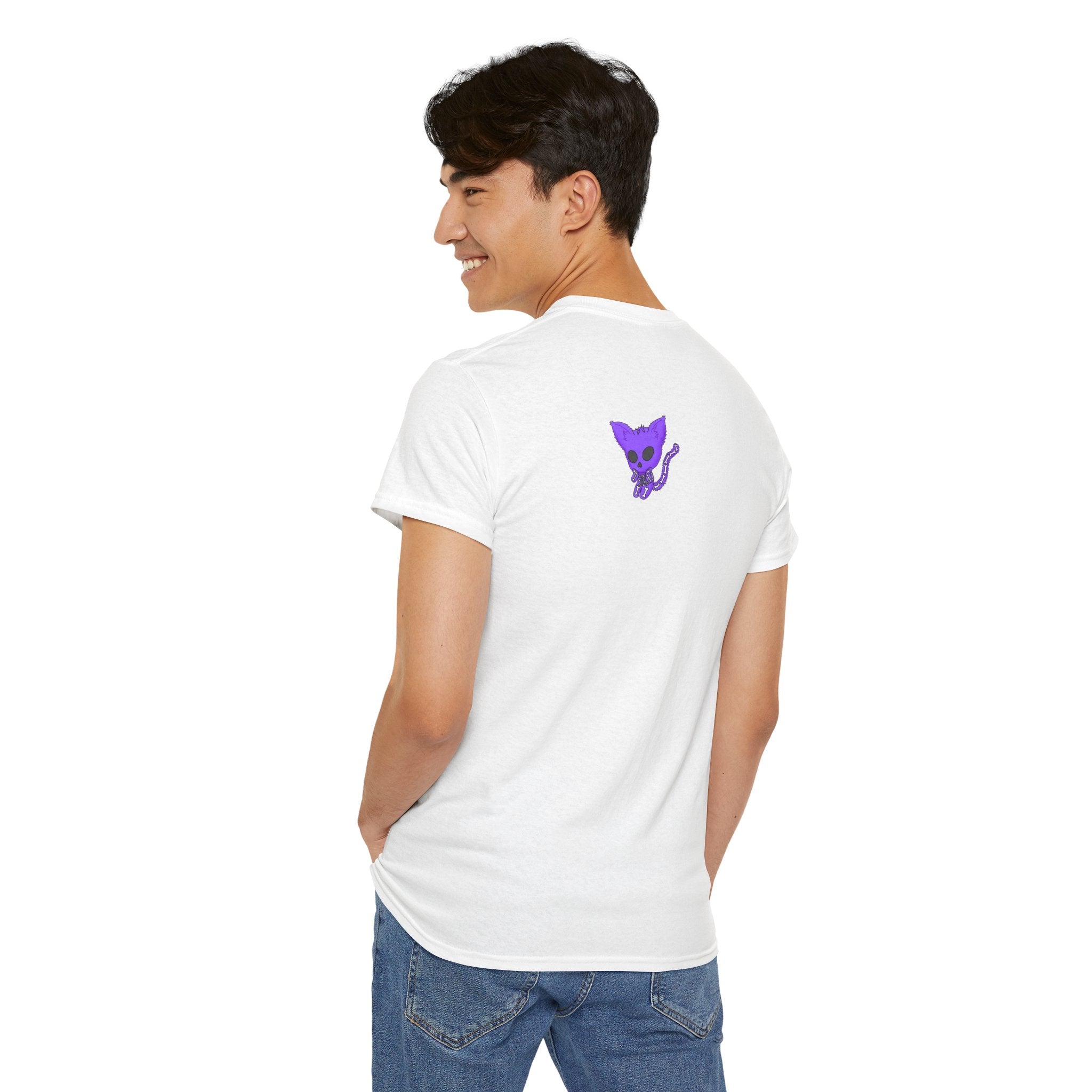 Purple Skeleton Cat Graphic Tee - Cute Creepy Kitty Shirt - 100% Cotton
