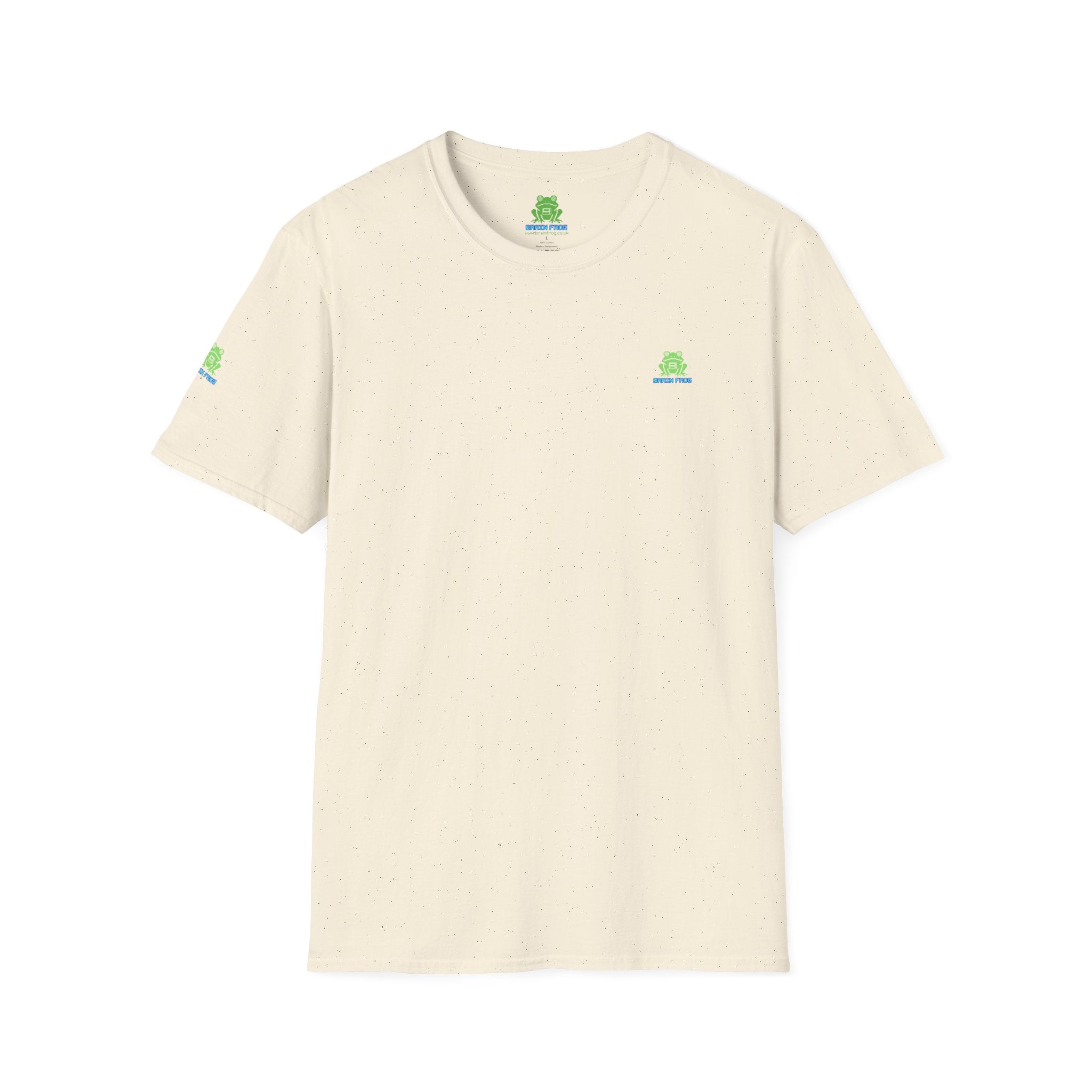 Brain Frog Design Signature T-Shirt - Small Green Brain Frog Logo Tee (Front Chest & Sleeve) - 100% Cotton / Cotton Blend