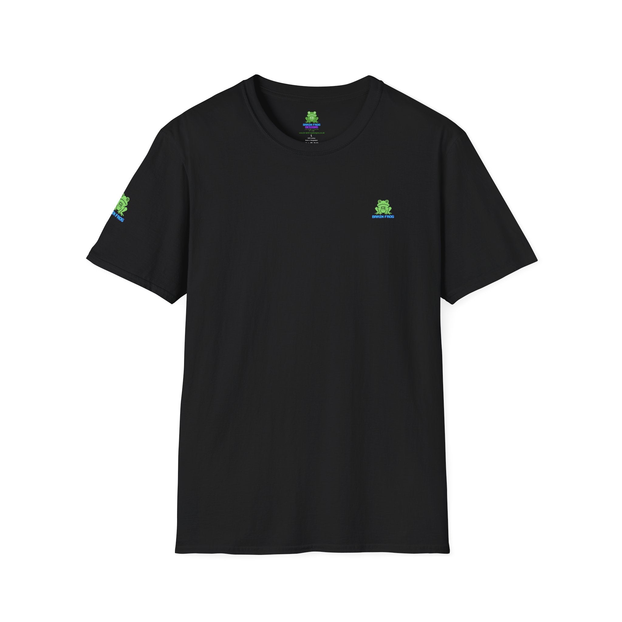 Brain Frog Design Signature T-Shirt - Small Green Brain Frog Logo Tee (Front Chest & Sleeve) - 100% Cotton / Cotton Blend