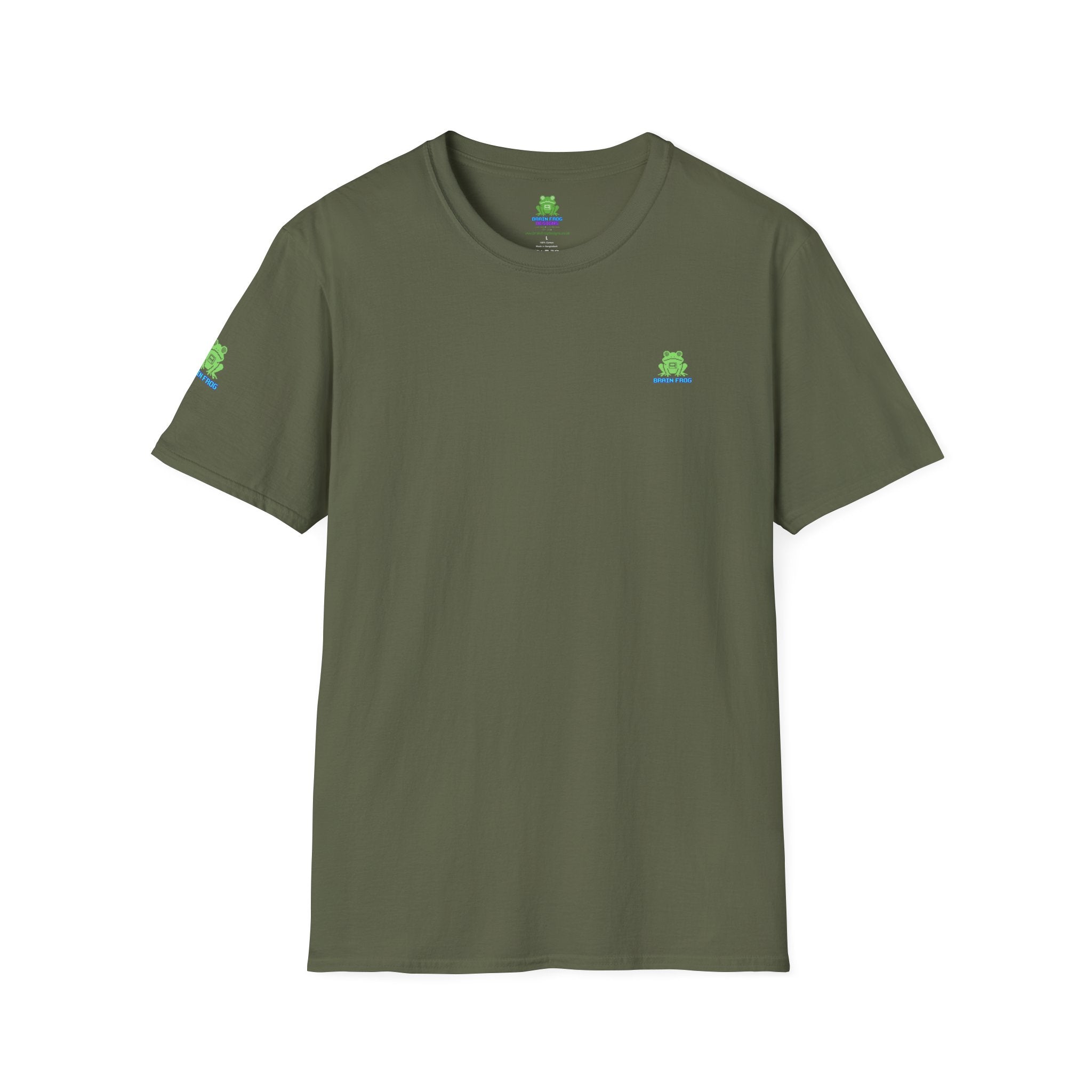 Brain Frog Design Signature T-Shirt - Small Green Brain Frog Logo Tee (Front Chest & Sleeve) - 100% Cotton / Cotton Blend