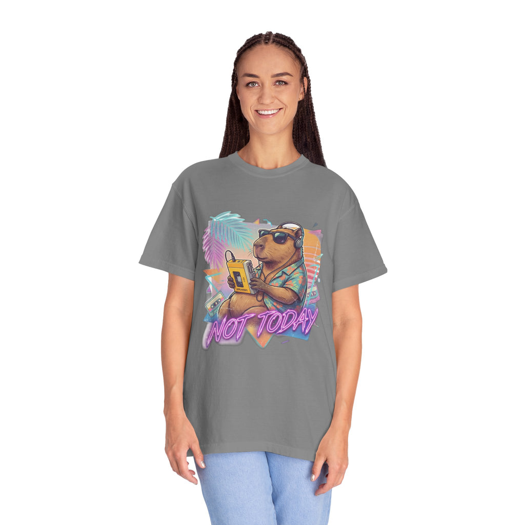 Vintage 80s Capybara T-Shirt — 'NOT TODAY' Neon Walkman Design - 100% Cotton