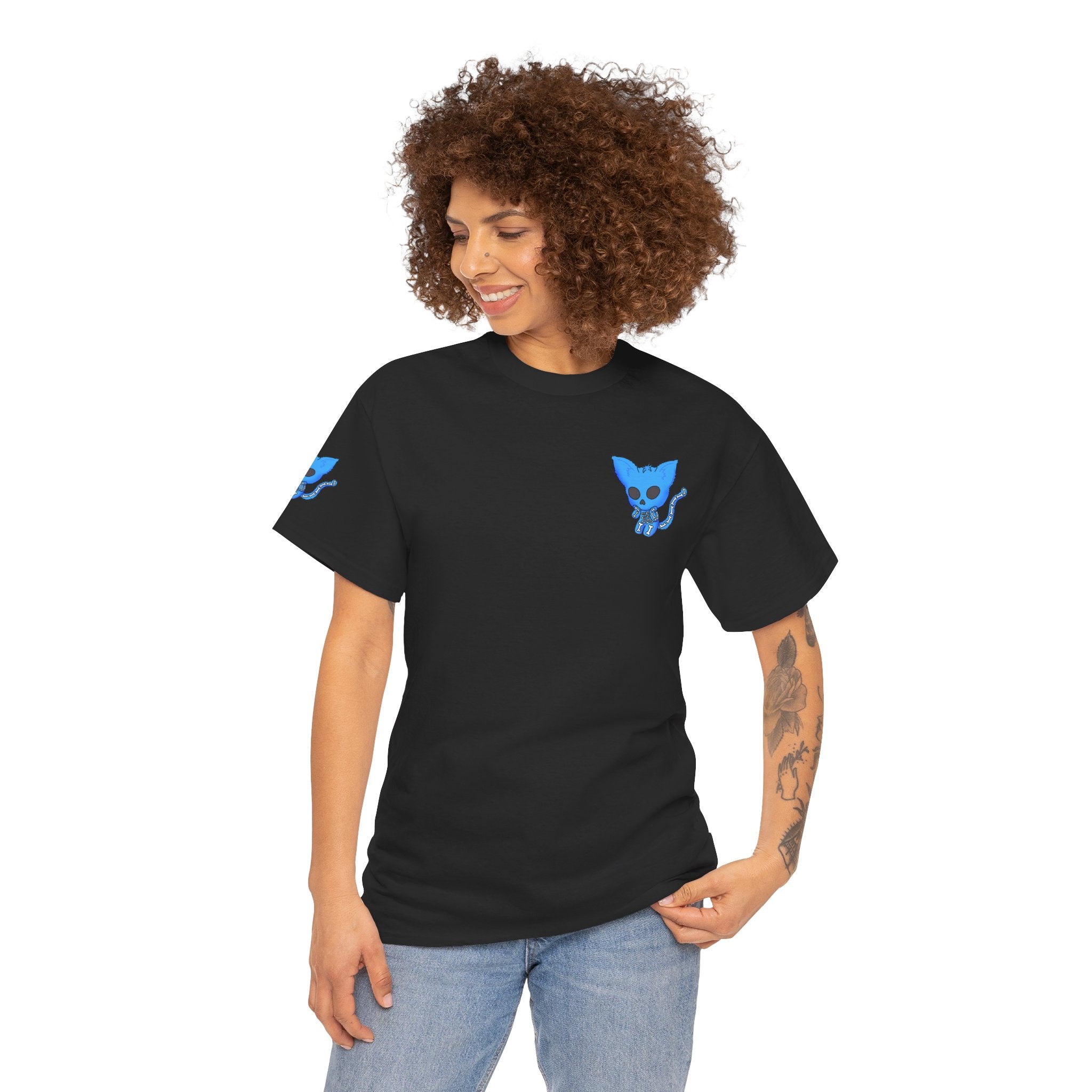 Blue Skeleton Cat Graphic Tee - Cute Creepy Kitty Shirt - 100% Cotton