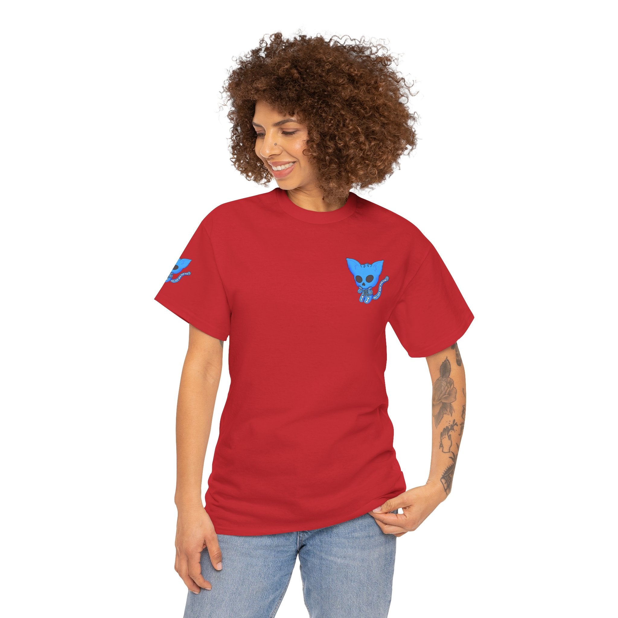 Blue Skeleton Cat Graphic Tee - Cute Creepy Kitty Shirt - 100% Cotton