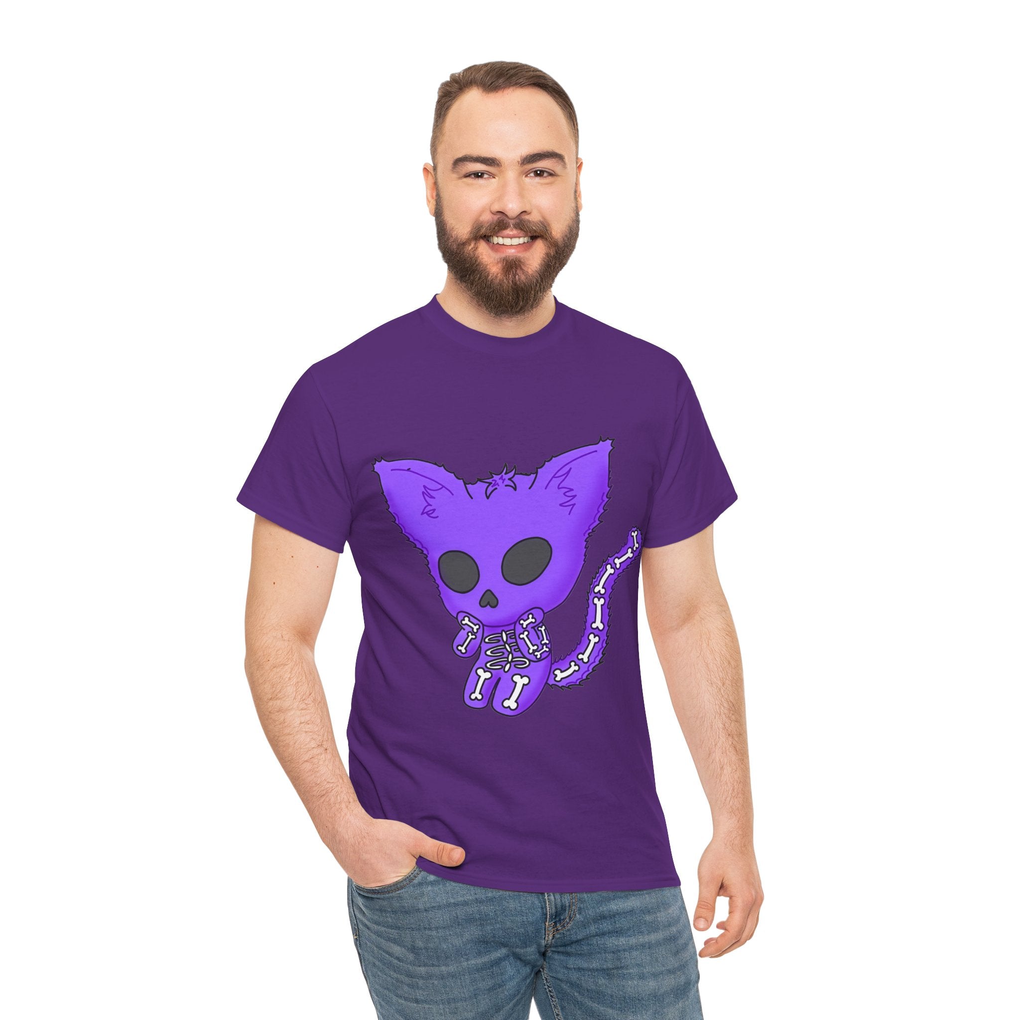 Purple Skeleton Cat Graphic Tee - Cute Creepy Kitty Shirt - 100% Cotton