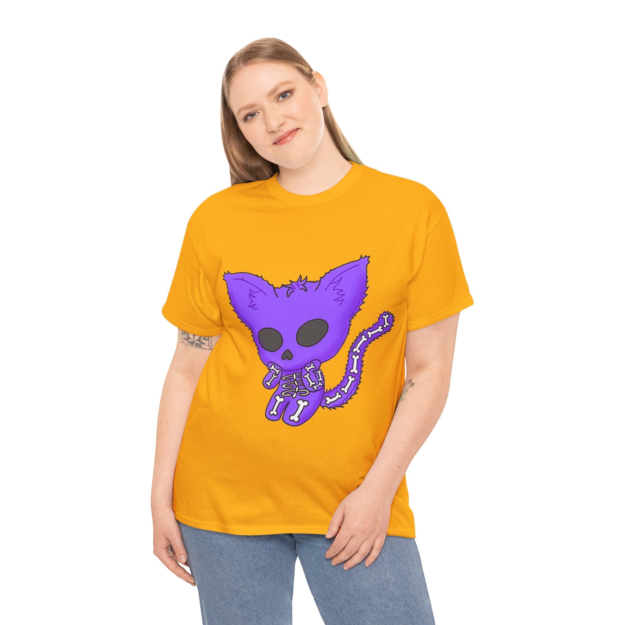 Purple Skeleton Cat Graphic Tee - Cute Creepy Kitty Shirt - 100% Cotton