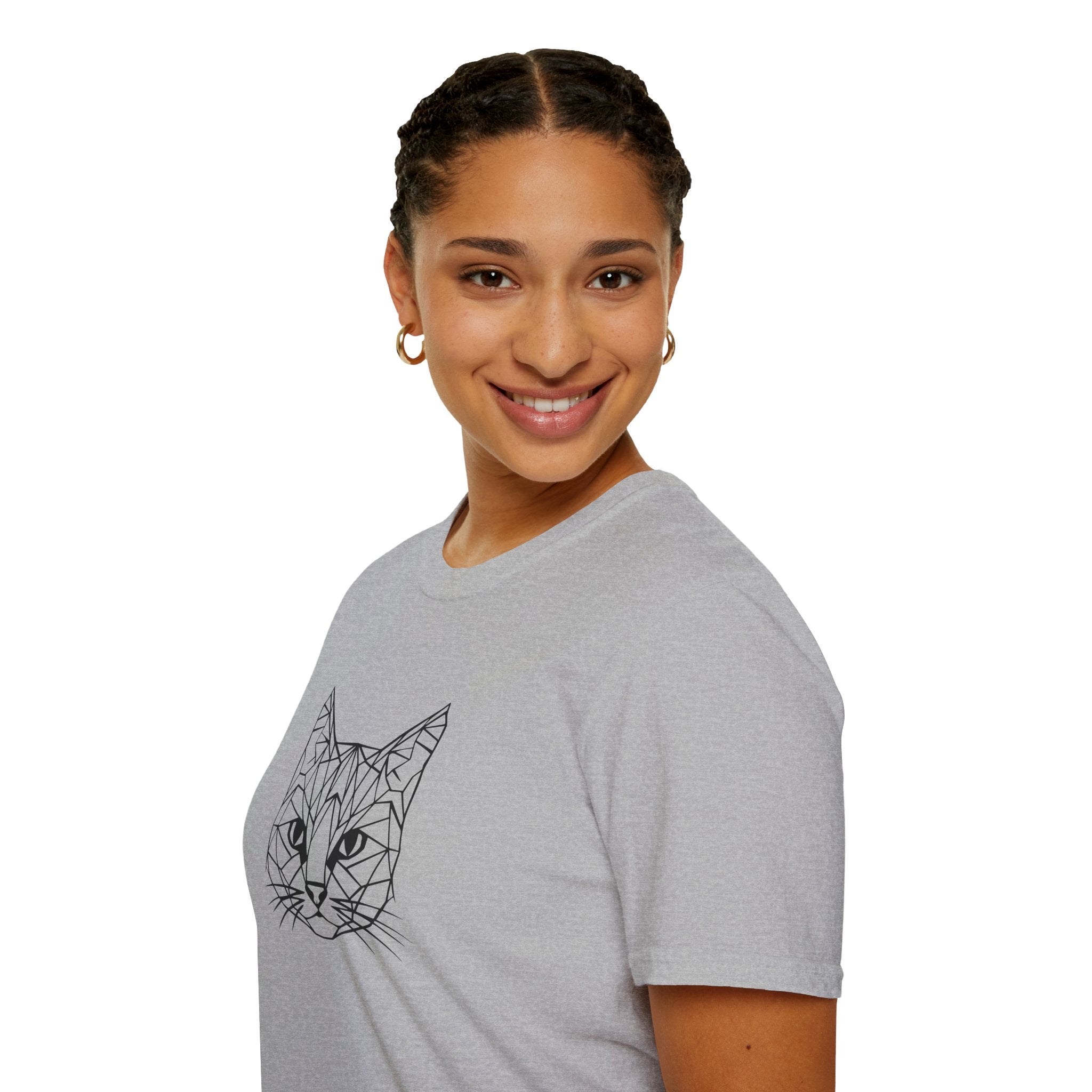 Geometric Cat T-Shirt - Minimal Line Art Cat Face Tee - 100% Cotton