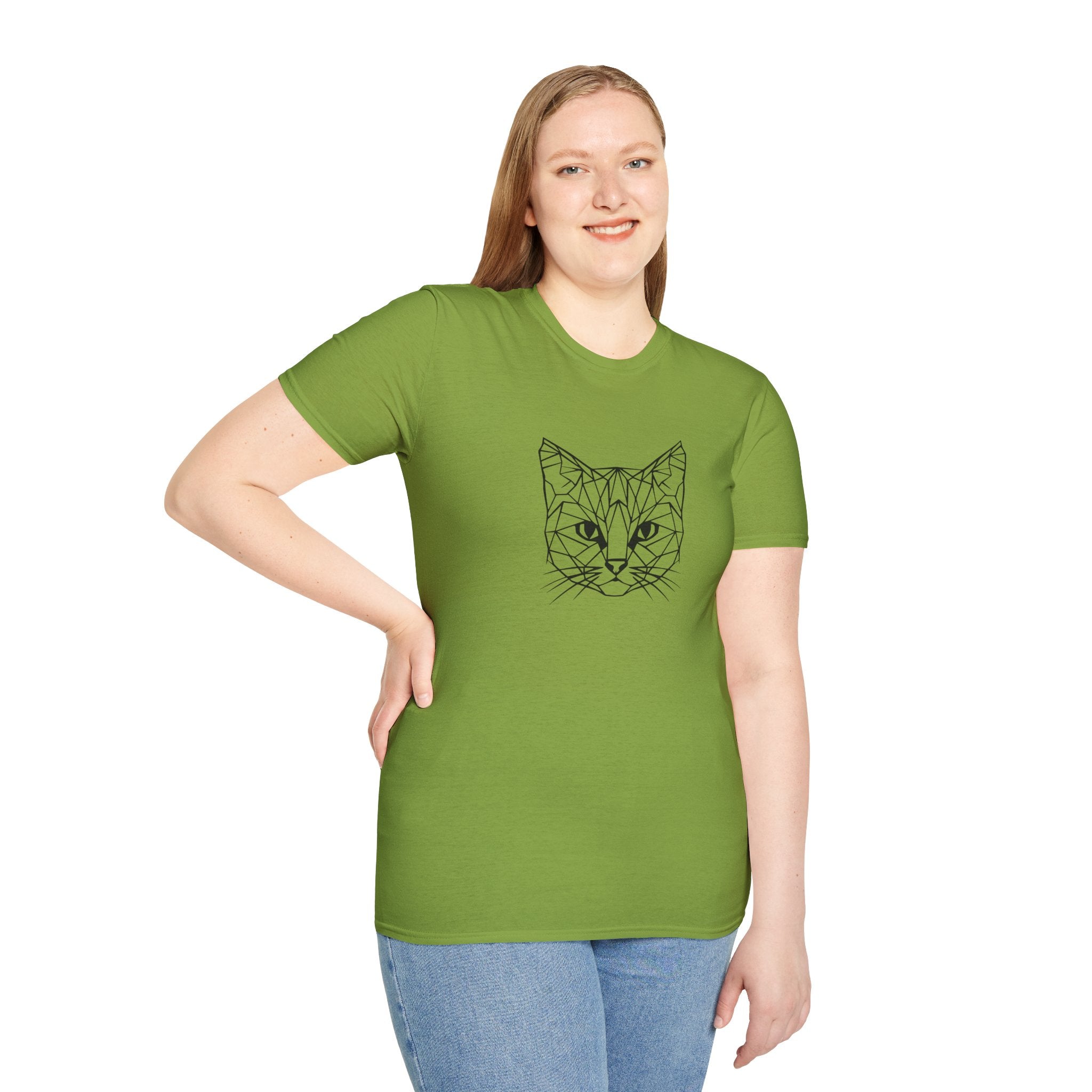 Geometric Cat T-Shirt - Minimal Line Art Cat Face Tee - 100% Cotton