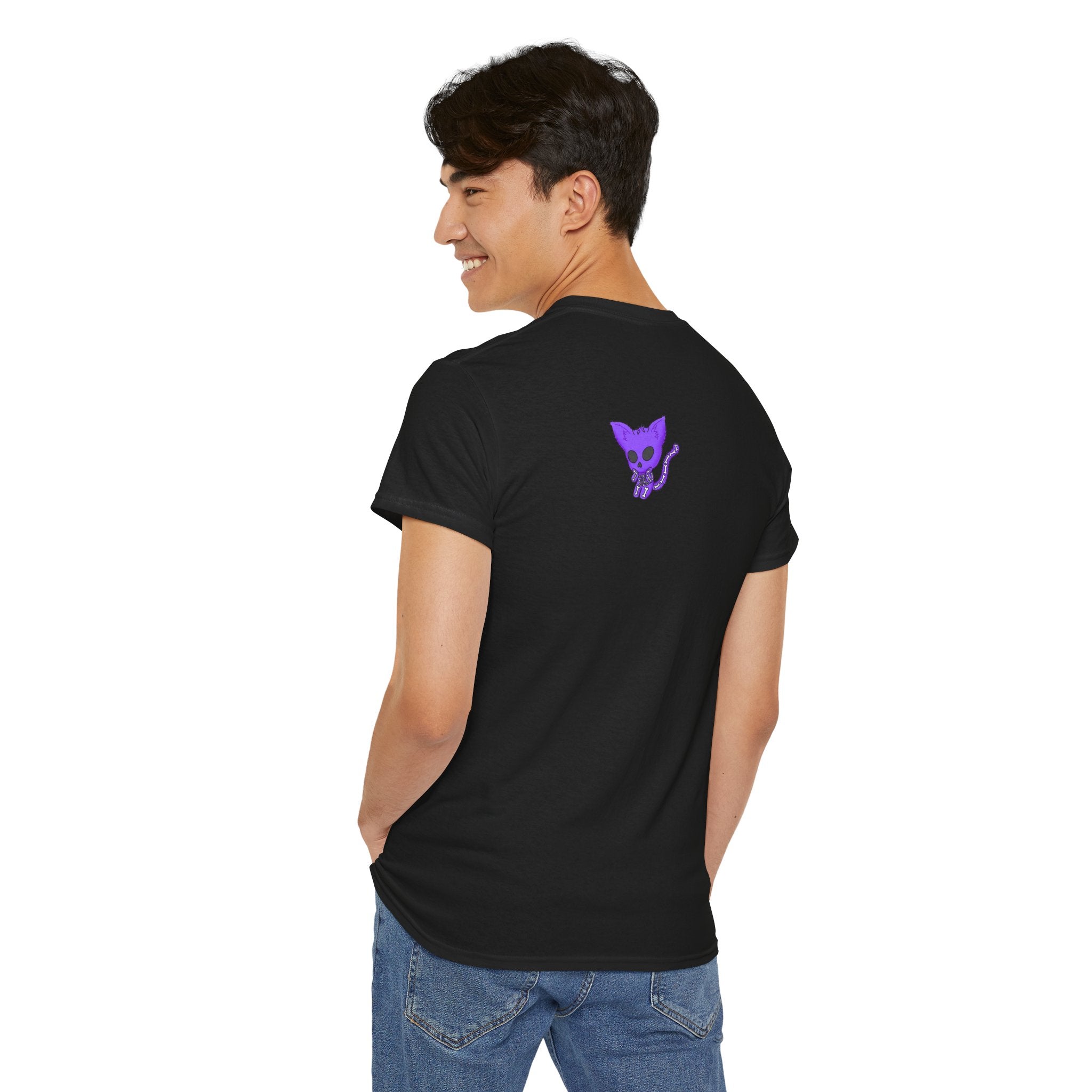 Purple Skeleton Cat Graphic Tee - Cute Creepy Kitty Shirt - 100% Cotton