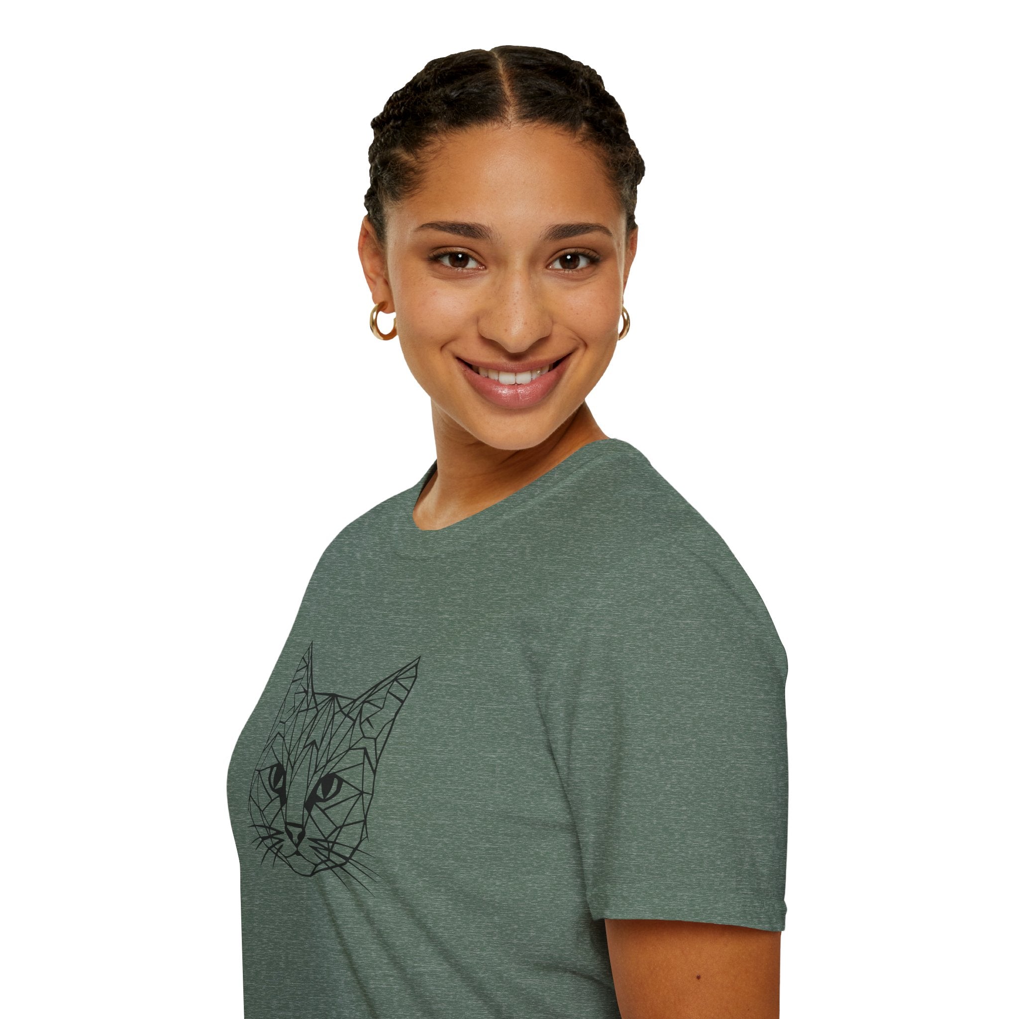 Geometric Cat T-Shirt - Minimal Line Art Cat Face Tee - 100% Cotton