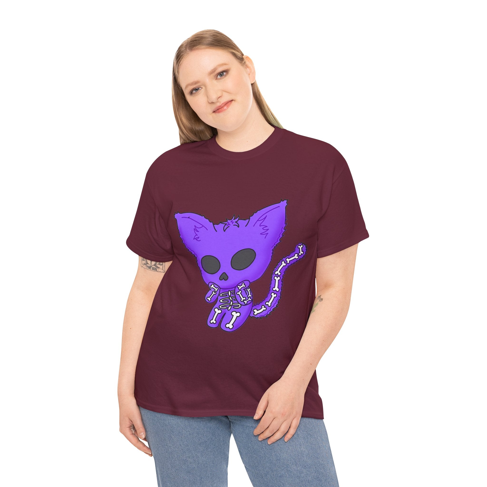 Purple Skeleton Cat Graphic Tee - Cute Creepy Kitty Shirt - 100% Cotton
