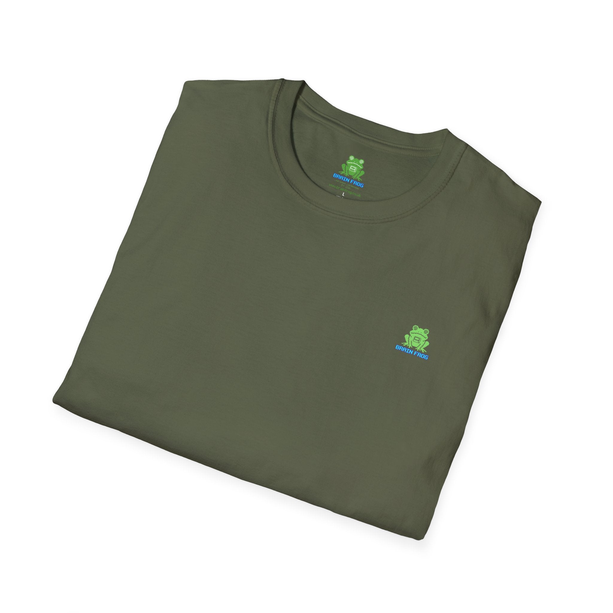 Brain Frog Design Signature T-Shirt - Small Green Brain Frog Logo Tee (Front Chest & Sleeve) - 100% Cotton