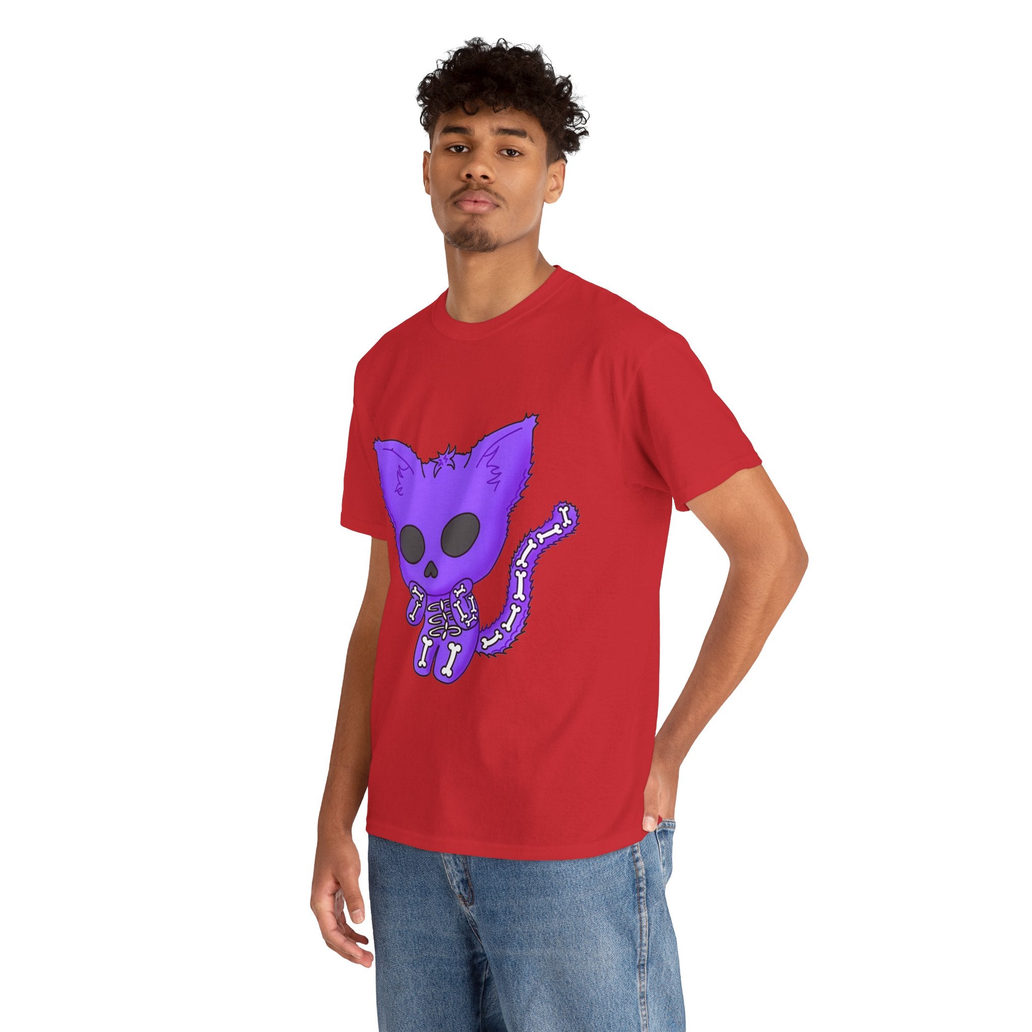 Purple Skeleton Cat Graphic Tee - Cute Creepy Kitty Shirt - 100% Cotton