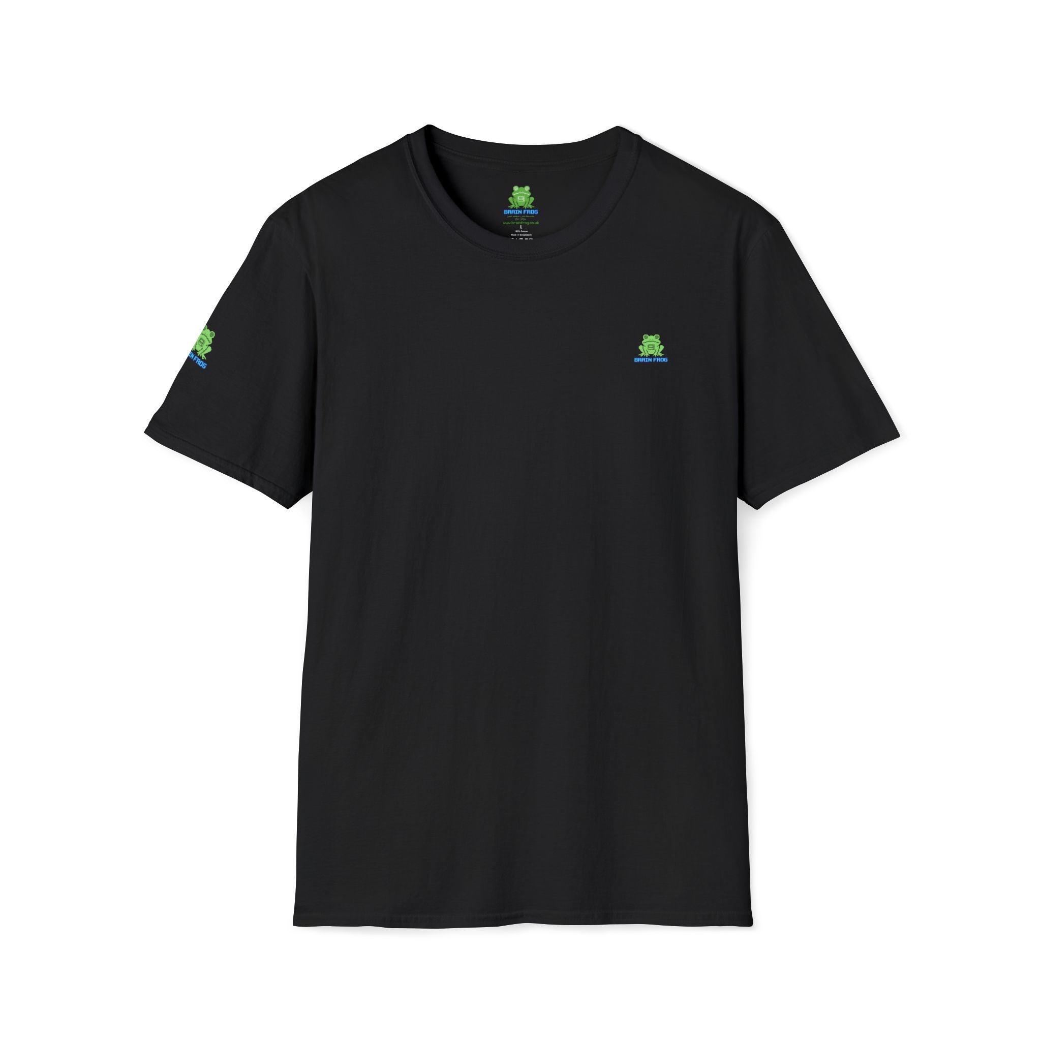 Brain Frog Design Signature T-Shirt - Small Green Brain Frog Logo Tee (Front Chest & Sleeve) - 100% Cotton