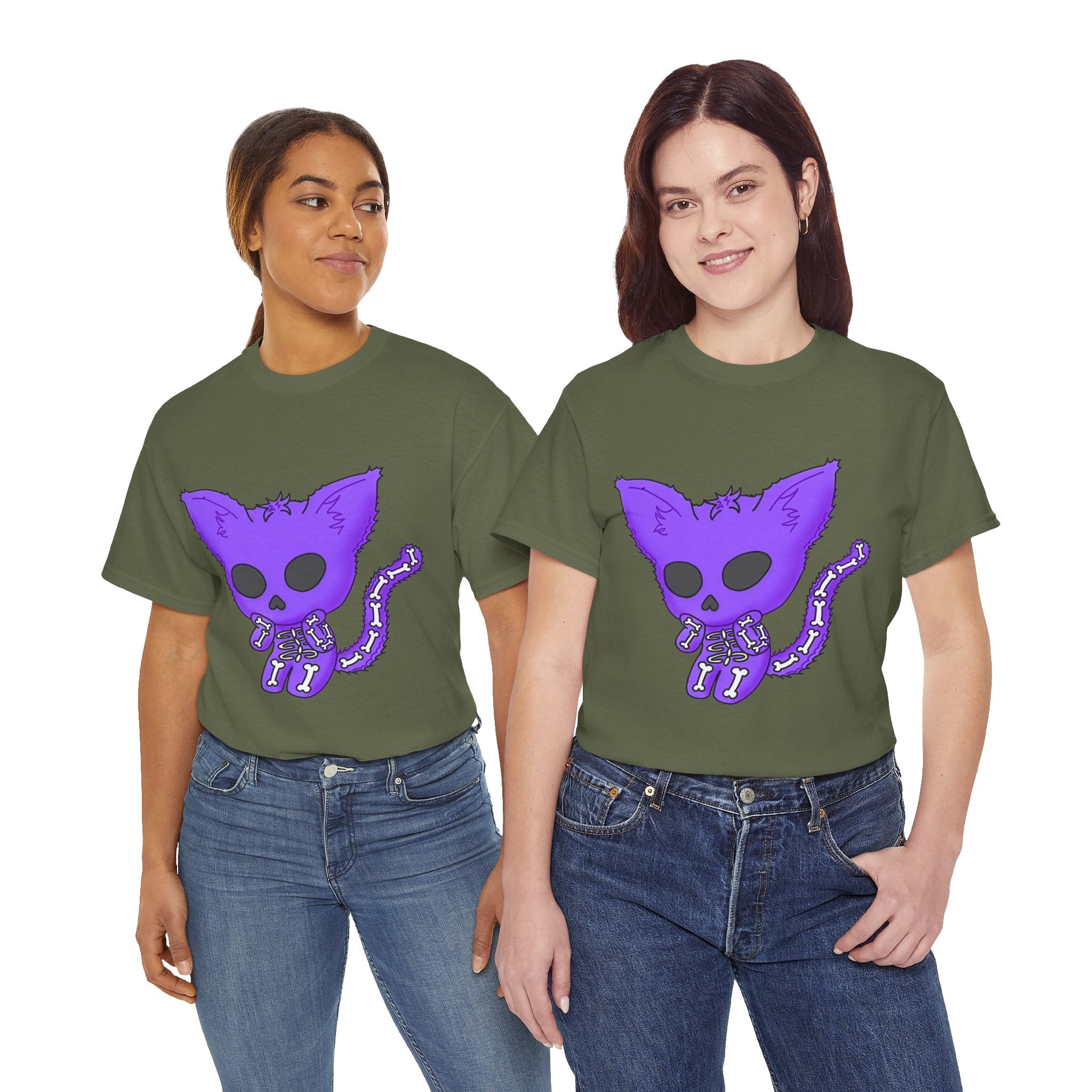 Purple Skeleton Cat Graphic Tee - Cute Creepy Kitty Shirt - 100% Cotton