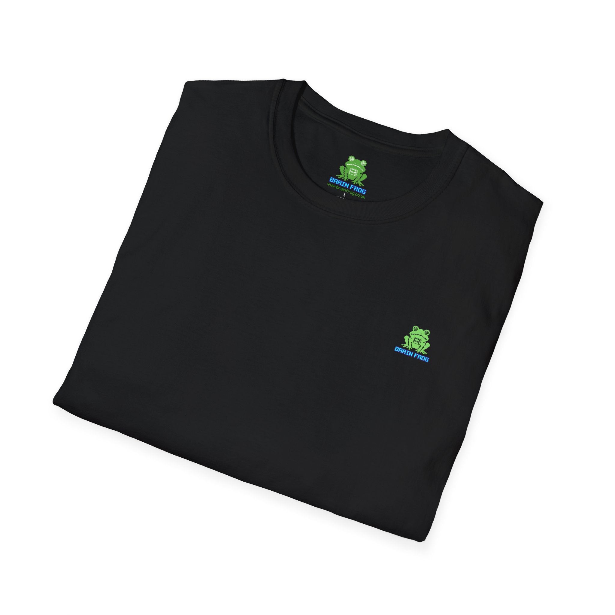 Brain Frog Design Signature T-Shirt - Small Green Brain Frog Logo Tee (Front Chest & Sleeve) - 100% Cotton / Cotton Blend