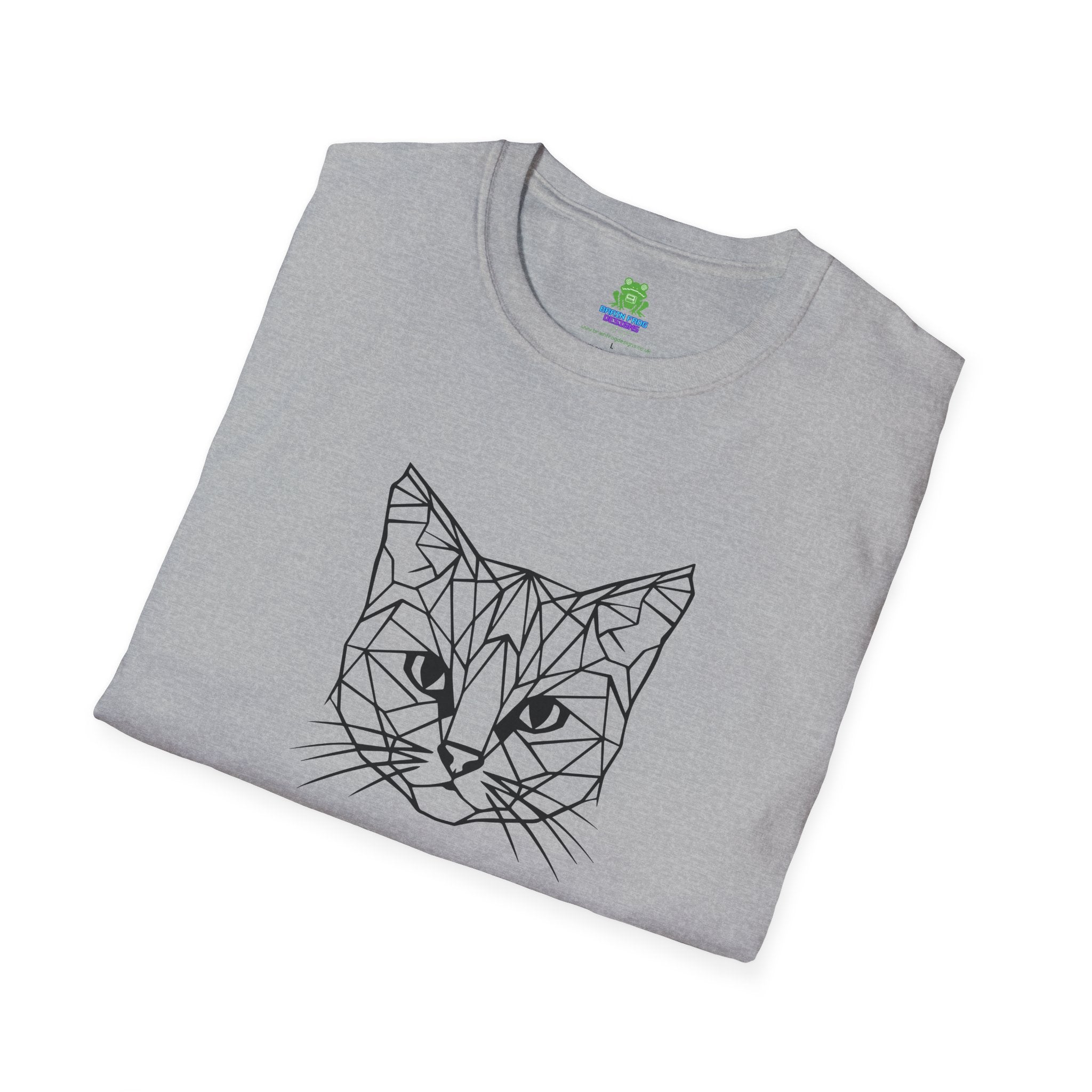 Geometric Cat T-Shirt - Minimal Line Art Cat Face Tee - 100% Cotton