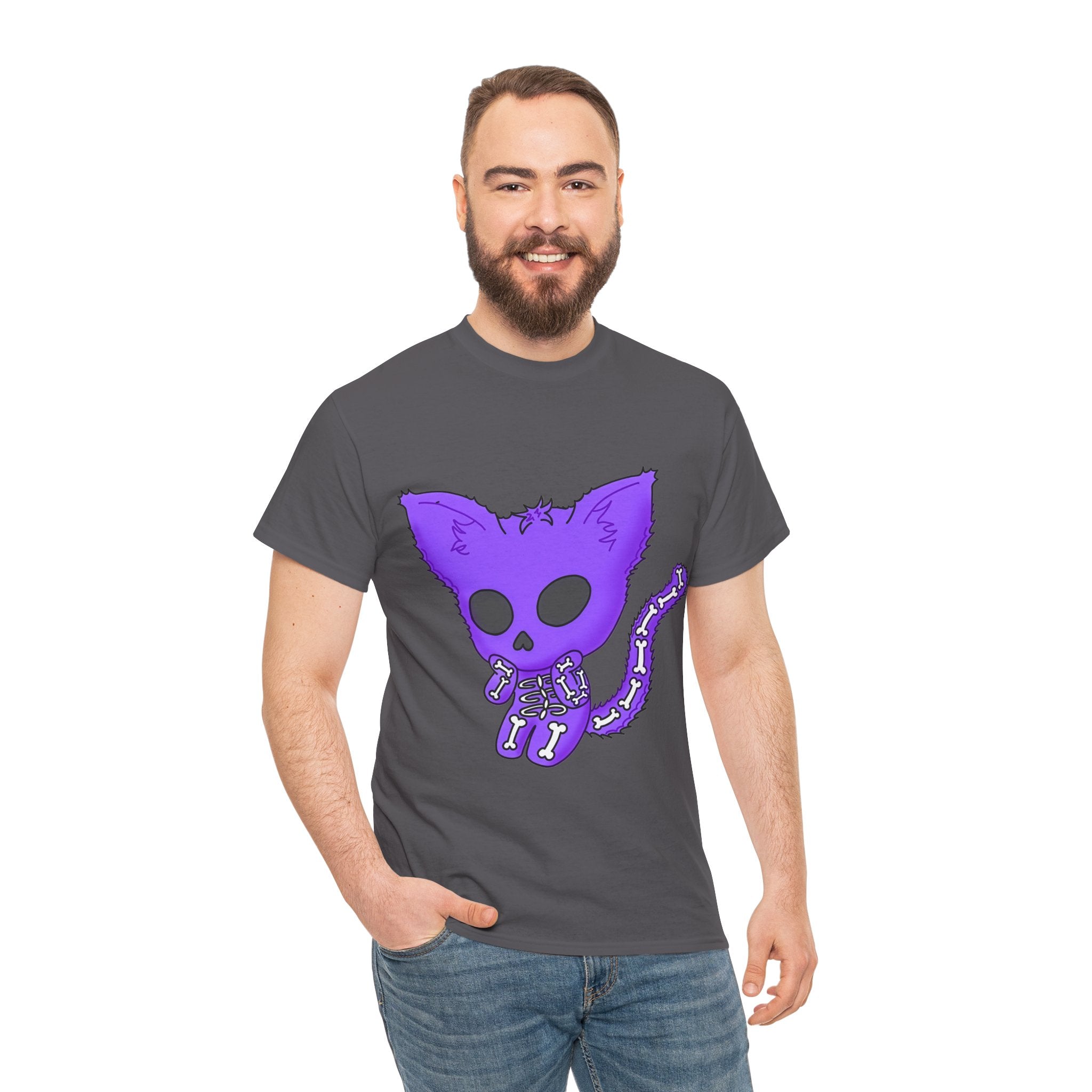 Purple Skeleton Cat Graphic Tee - Cute Creepy Kitty Shirt - 100% Cotton