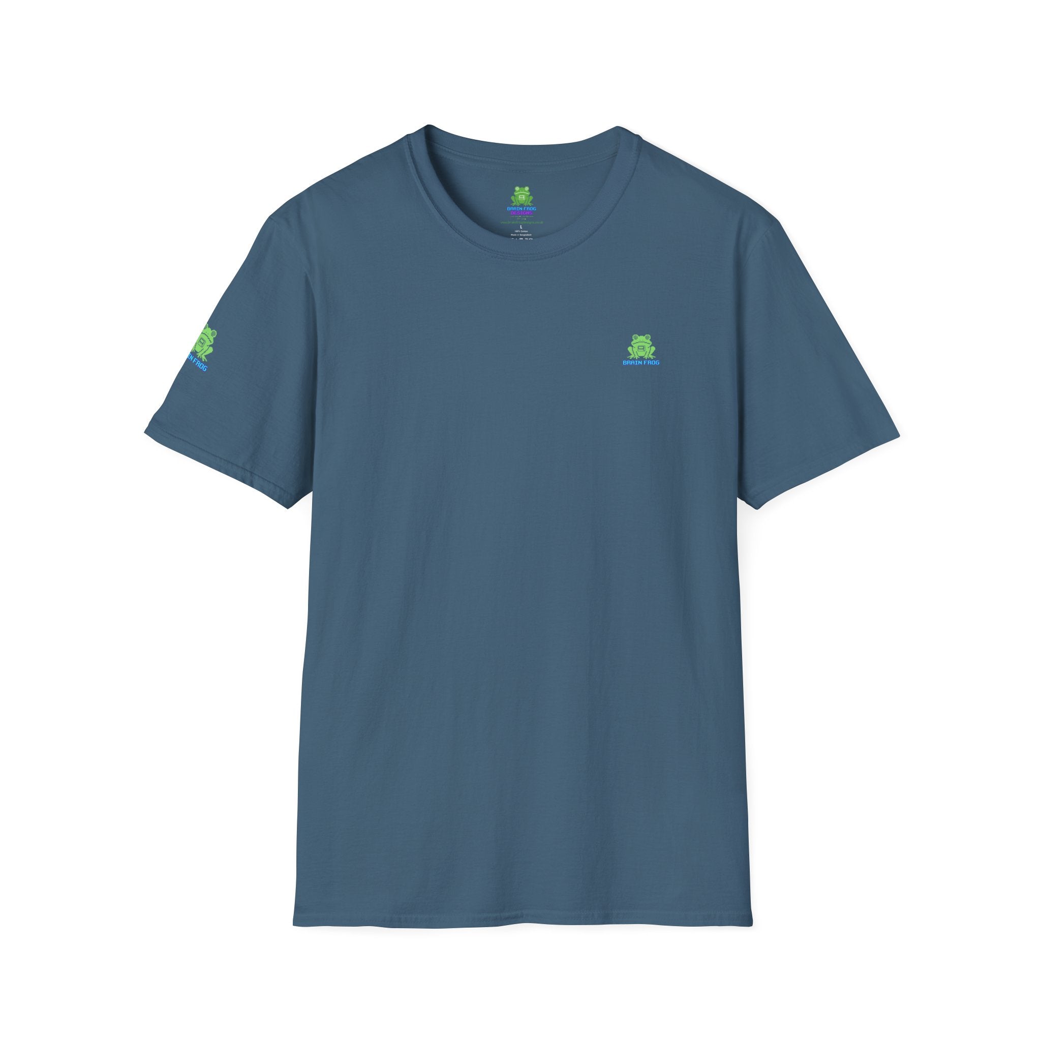 Brain Frog Design Signature T-Shirt - Small Green Brain Frog Logo Tee (Front Chest & Sleeve) - 100% Cotton / Cotton Blend