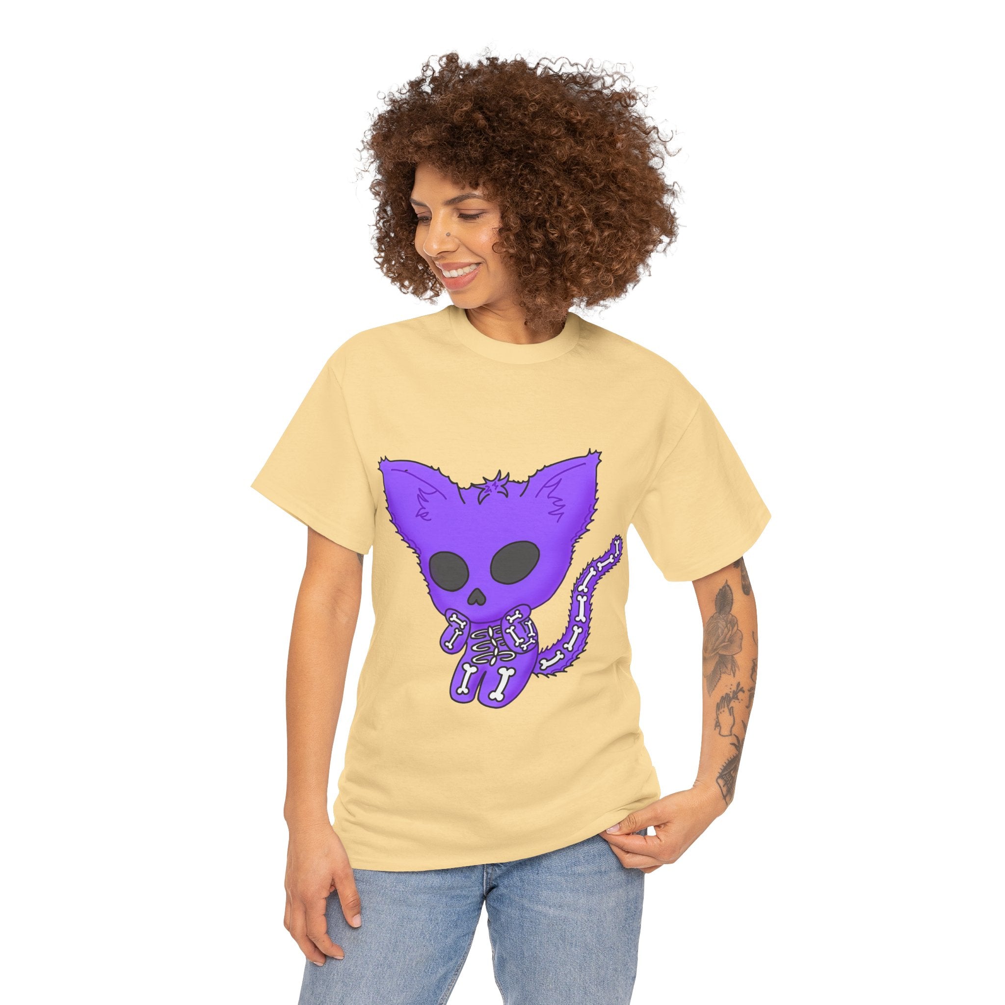 Purple Skeleton Cat Graphic Tee - Cute Creepy Kitty Shirt - 100% Cotton