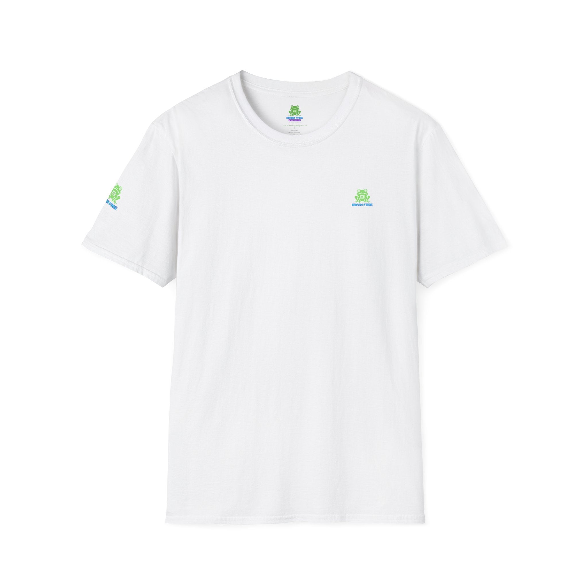 Brain Frog Design Signature T-Shirt - Small Green Brain Frog Logo Tee (Front Chest & Sleeve) - 100% Cotton / Cotton Blend