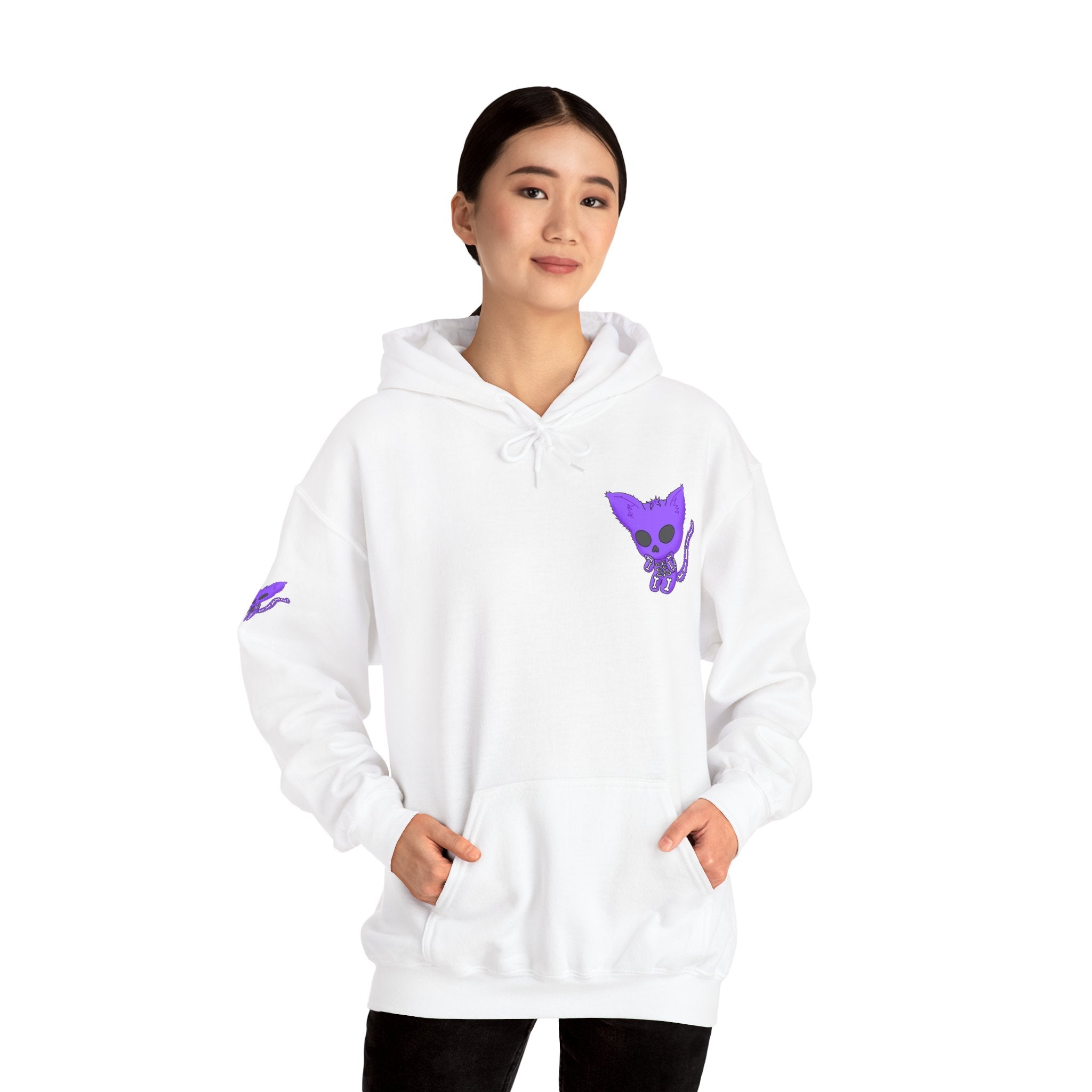 Purple Skeleton Cat Hoodie – Cute Spooky Graphic Sweatshirt - Unique Brand Design