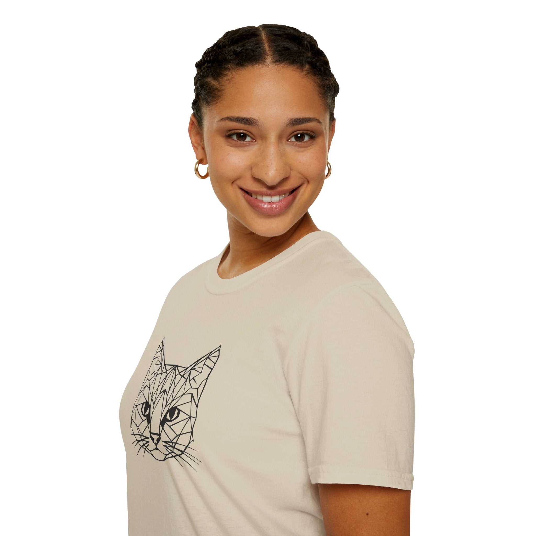 Geometric Cat T-Shirt - Minimal Line Art Cat Face Tee - 100% Cotton