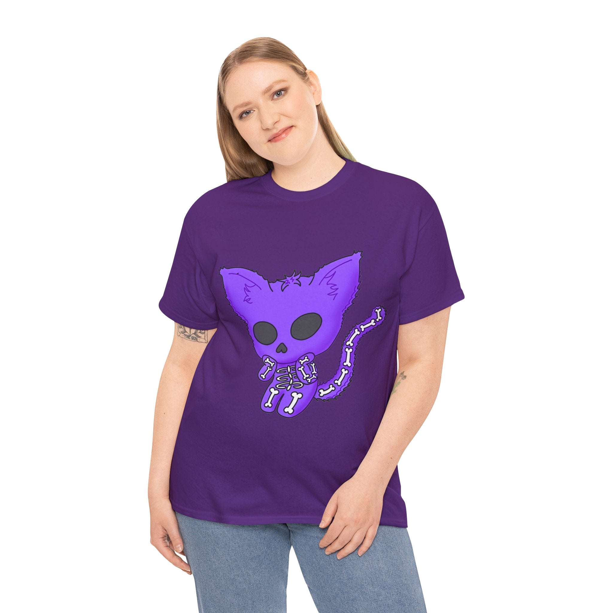 Purple Skeleton Cat Graphic Tee - Cute Creepy Kitty Shirt - 100% Cotton