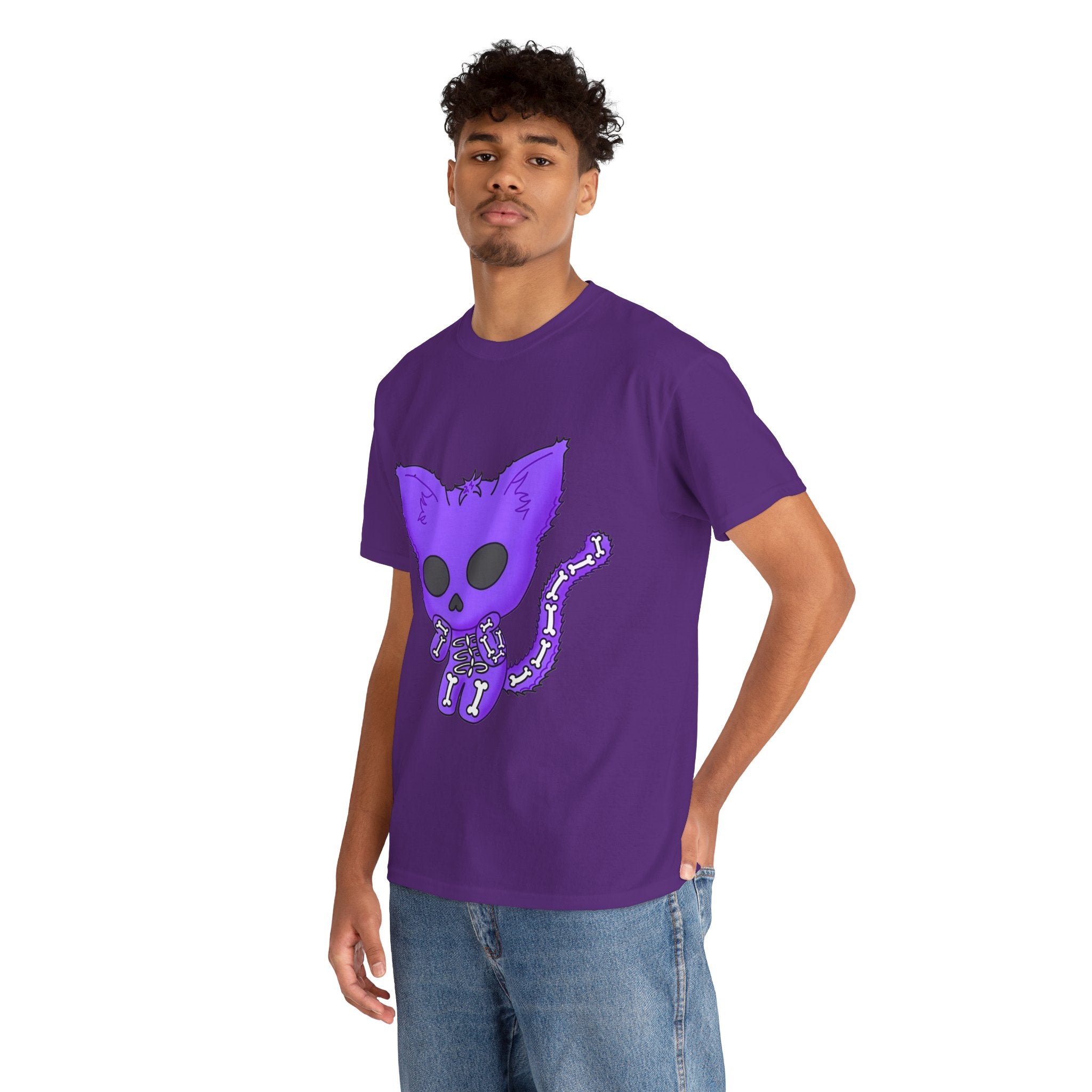 Purple Skeleton Cat Graphic Tee - Cute Creepy Kitty Shirt - 100% Cotton