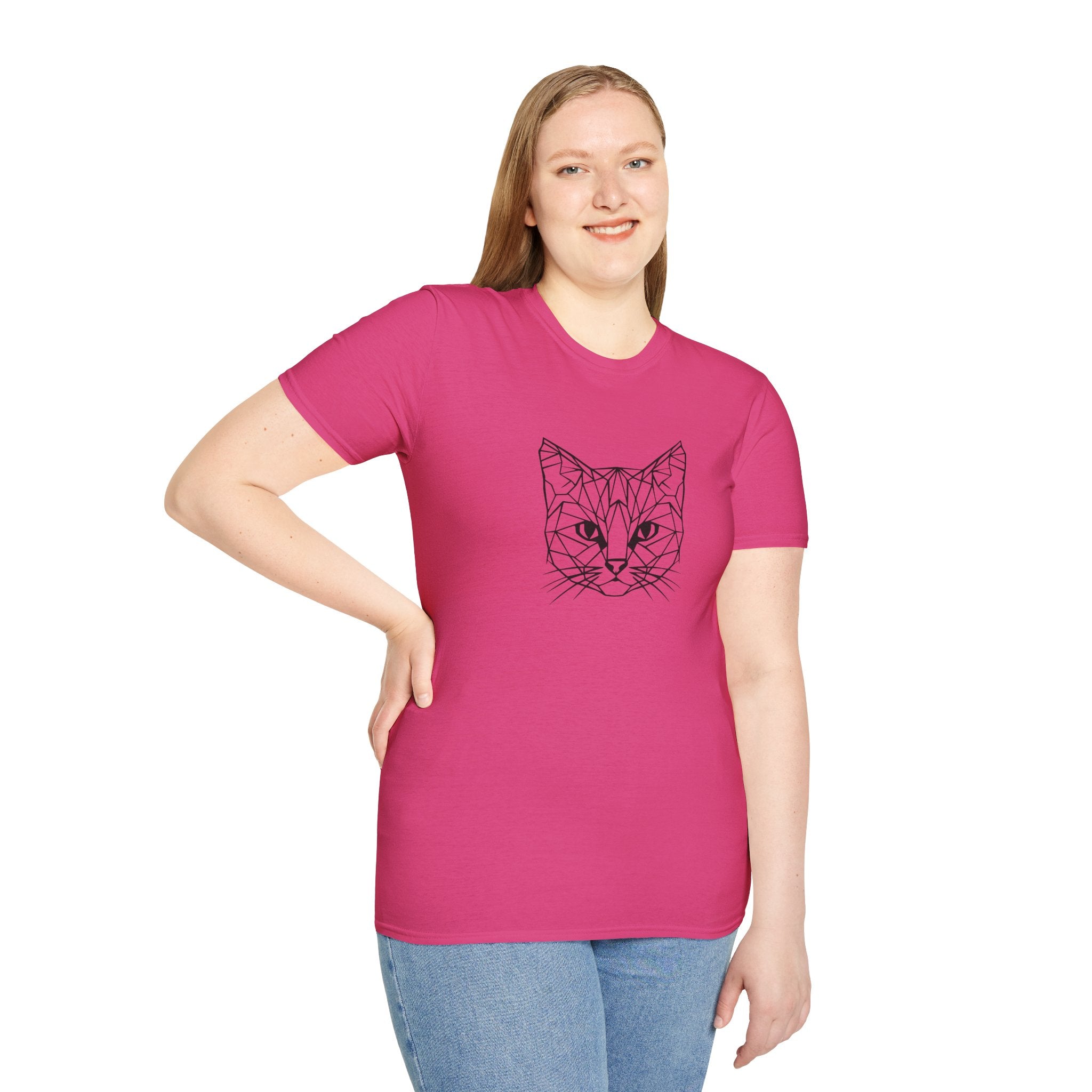 Geometric Cat T-Shirt - Minimal Line Art Cat Face Tee - 100% Cotton